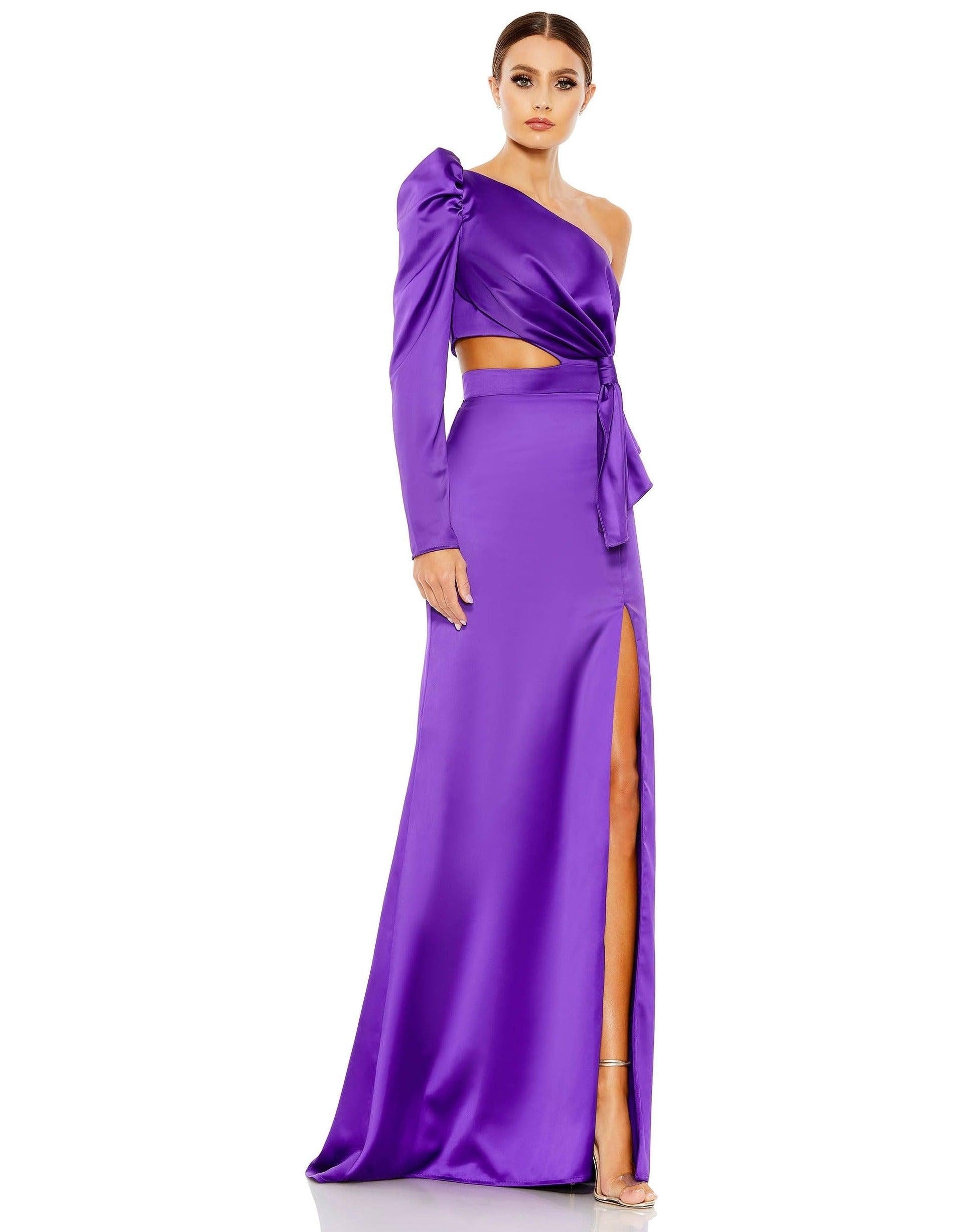 <p>The romantic sleeves make this gown a timeless and elegant choice. Features one shoulder with side cutouts and sexy thigh high slit. Perfect for church or evening affairs, this outfit will make you feel classy and confident on your bride's big day!<br><br><br><br>Fabric : Satin<br><br>Zipper Back<br><br>Length : Full Length<br><br>Sleeve Style : One Shoulder<br><br>Colors : Purple, Tangerine<br data-mce-fragment="1"><br><br>Sizes : 0, 2, 4, 6, 8, 10, 12, 14<br><br>Fully Lined<br><br>Occasion : Formal, Evening Party, Church, Wedding Guest, Mother of the Bride</p>