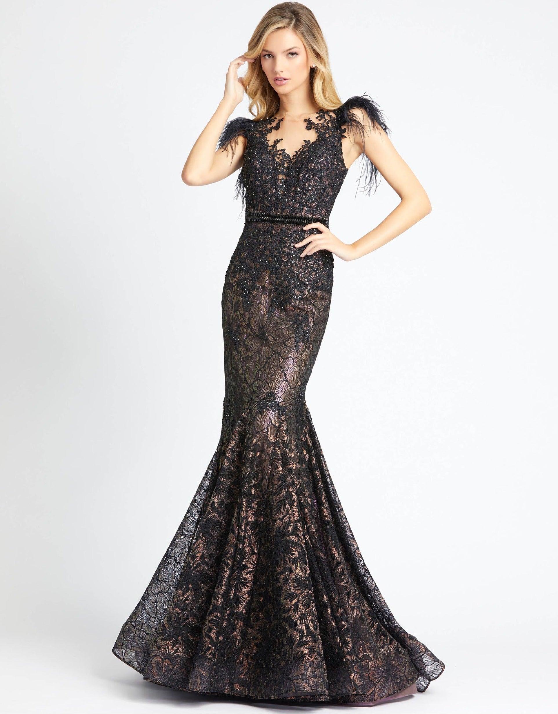 <p> </p> <p><span>We have the perfect prom dress for you! This elegant prom dress makes a splash on the sidelines of formal events with its classic color and timeless elegance. Tailored to be universally flattering ,it has an illusion bateau neckline crowns the fitted bodice with feathers delicately hand sewn on the outer banks of the cap sleeves. This dress is style in iridescent nude lining with black lace, fused with diamante jet black stones and matching belt. The back offers a sheer full panel with a fabulous sweep train for that perfect finish. This stylish, versatile dress is just what you need.</span></p> <p><br></p> <p>Length : Full Length</p> <p>Sleeve Style : Cap Sleeve</p> <p>Colors : Ice Blue, <span data-mce-fragment="1">Black, Ivory Nude, Sage</span></p> <p>Sizes : 2, 4, 6, 8, 10, 12, 14, 16, 18</p> <p>Fully Lined</p> <p>Occasion : Formal, Prom, Homecoming</p>