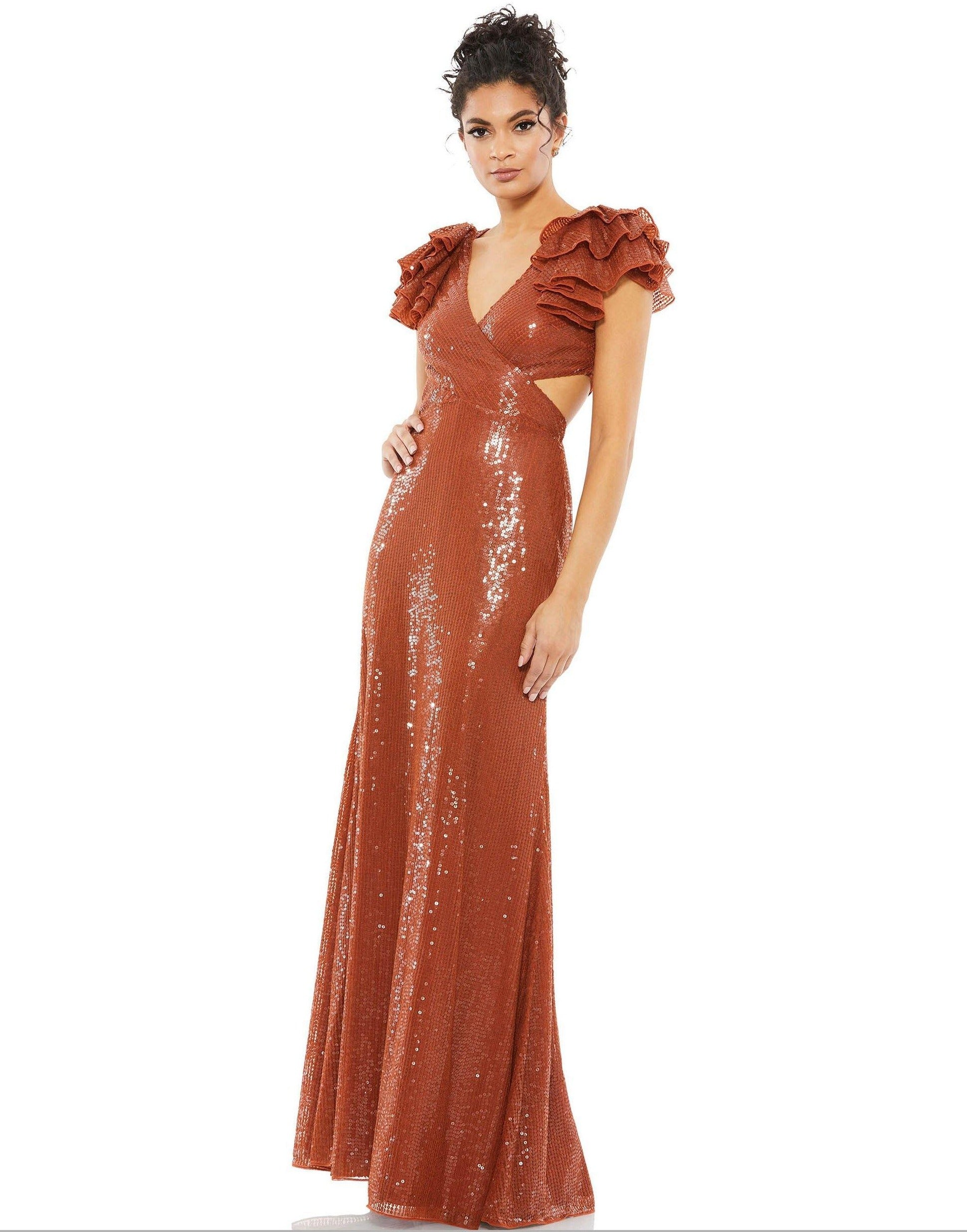 <p>Elegant formal long gown is embellished with a sequin overlay with a V-neck . Featuring a tiered ruffle sleeves and a knotted back. A side cut at the waist.</p> <br> <p>Fabric : Sequins</p> <p>Corset, Zipper Zipper</p> <p>Length : Full Length</p> <p>Sleeve Style : Short Sleeve</p> <p>Colors : Black, Brick, White</p> <p>Sizes : 0, 2, 4, 6, 8, 10</p> <p>Fully Lined</p> <p>Occasion : Formal, Evening Party, Church, Wedding Guest</p>