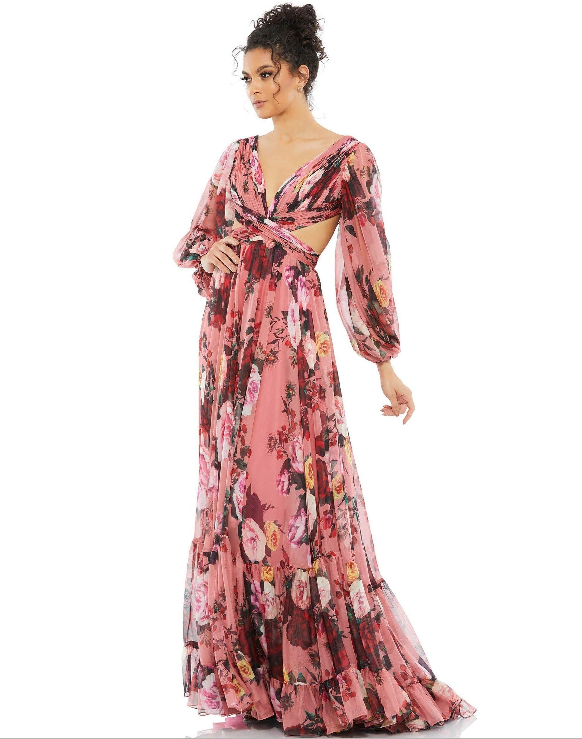 <p>This stunning long gown with ruched bodice with a deep V neckline bishop transparent long sleeves. The open corset back with waist cutouts with a y a rustic skirt and a train . This A-line dress is made of chiffon with a floral motif.</p> <p>Fabric : Chiffon</p> <p>Corset, Zipper Back</p> <p>Length : Full Length</p> <p>Sleeve Style : Long Sleeve</p> <p>Color : Rose Multi</p> <p>Sizes : 0, 2, 4, 6, 8, 10, 12, 14</p> <p>Fully Lined</p> <p>Occasion : Formal, Evening Party, Church, Wedding Guest</p>