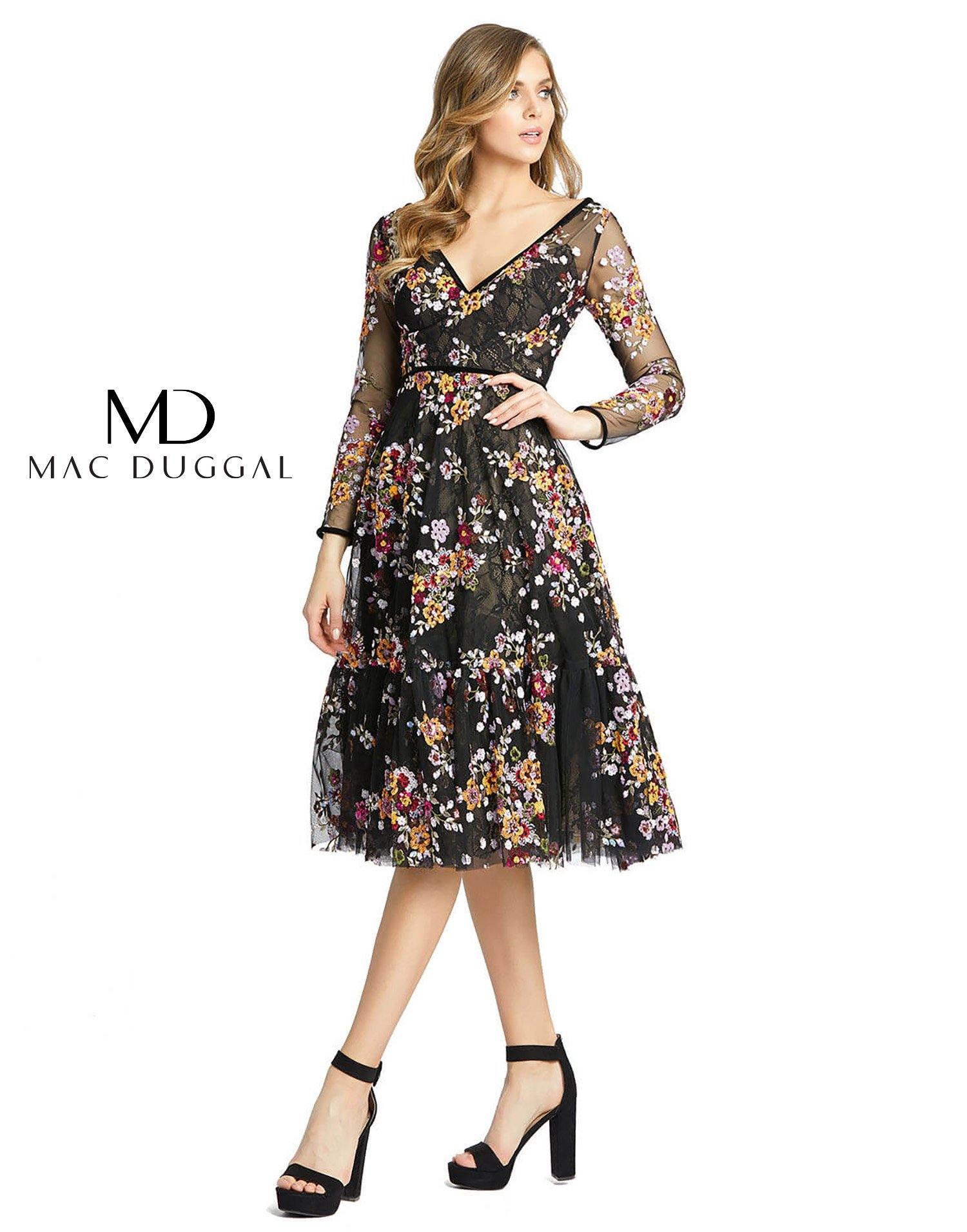 <p>Elegant short dress with embroider flowers on a transparent overlay. Featuring a V-neckline with transparent long sleeves with an A-line dress finished off with a bohemian inspired skirt.<br></p> <p> </p> <p>Fabric : Lace<br> <br> Zipper Back</p> <p>Length : Tea Length</p> <p>Sleeve Style : Long Sleeve</p> <p>Color : Black Multi</p> <p>Sizes : 0, 2, 4, 6, 8, 10, 12, 14, 16</p> <p>Fully Lined</p> <p>Occasion : Cocktail, Evening Party, Church, Wedding Guest, Mother of the Bride</p>