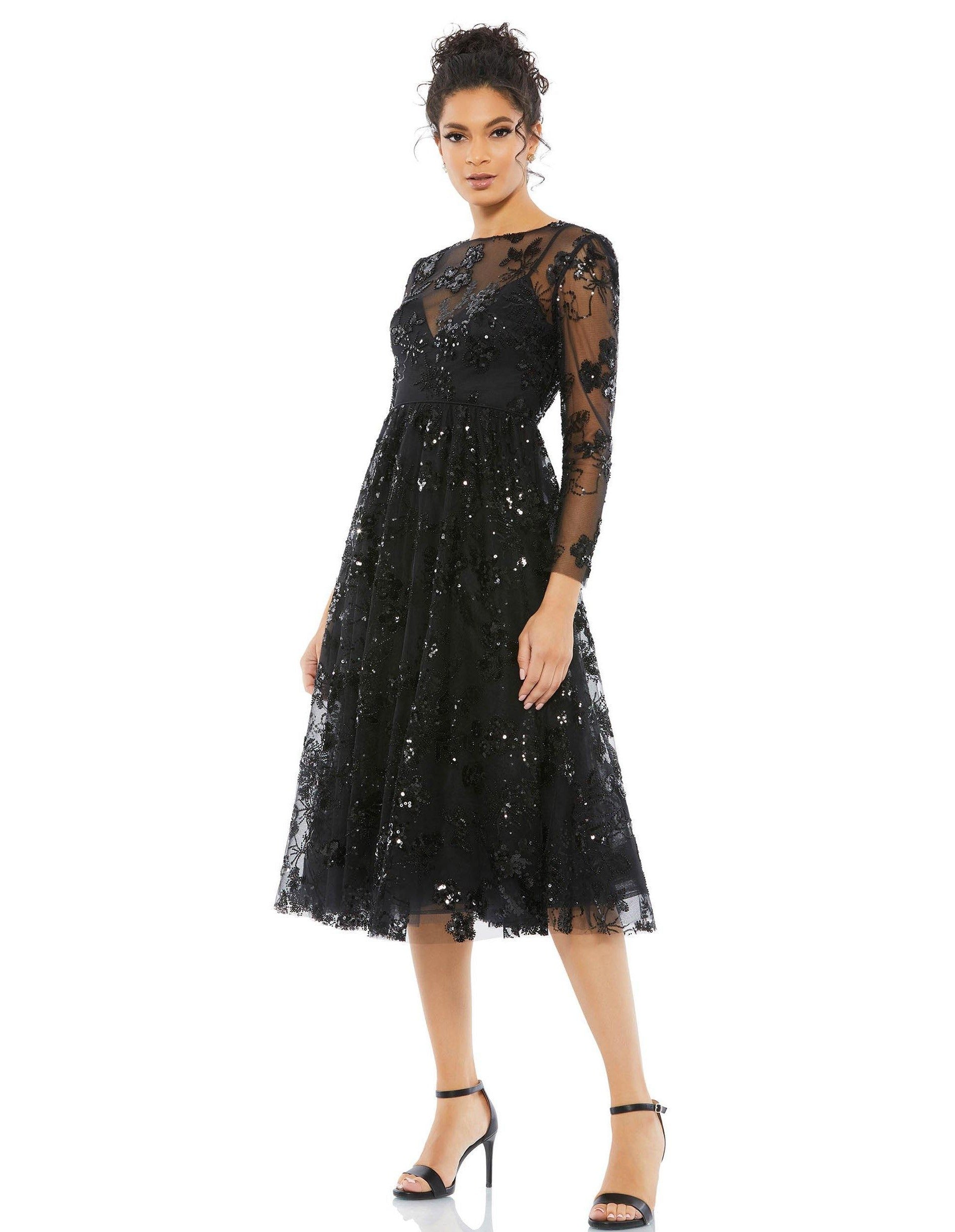 Modest tea length dress is made of mesh with floral sequins in slip style lining. This long sleeve dress with illusion embellishments and an A-line features a partial illusion at the back and a blended skirt.<br data-mce-fragment="1"><br data-mce-fragment="1"><br data-mce-fragment="1"><br data-mce-fragment="1">Fabric : Sequins<br data-mce-fragment="1"><br data-mce-fragment="1">Zipper Back<br data-mce-fragment="1"><br data-mce-fragment="1">Length : Tea Length<br data-mce-fragment="1"><br data-mce-fragment="1">Sleeve Style : Long Sleeve<br data-mce-fragment="1"><br data-mce-fragment="1">Color : Black / Lavender<br data-mce-fragment="1"><br data-mce-fragment="1">Sizes : 0, 2, 4, 6, 8, 10, 12, 14, 16<br data-mce-fragment="1"><br data-mce-fragment="1">Fully Lined<br data-mce-fragment="1"><br data-mce-fragment="1">Occasion : Cocktail, Evening Party, Mother of the Bride, Mother of the Groom, Church, Wedding Guest