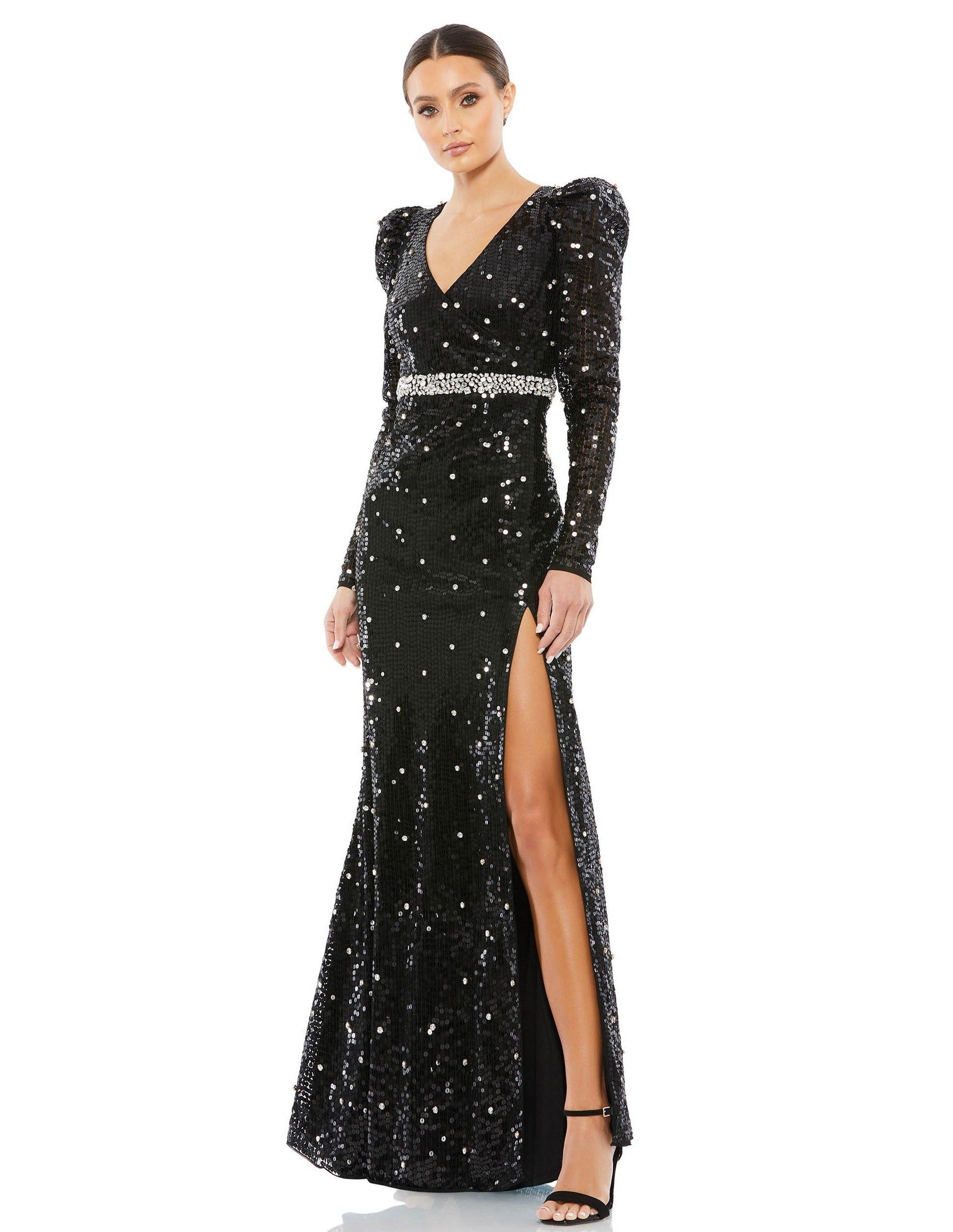 <p>Elegant black evening gown with a slim silhouette made of sequin with a V-neckline long sleeve. Scattered AB stones adorn this brilliant formal gown with side high slit and a a dense stretch of matching beads around the waist.</p> <br> <p>Fabric : Sequins</p> <p>Zipper Back</p> <p>Length : Full Length</p> <p>Sleeve Style : Long Sleeve</p> <p>Color : Black</p> <p>Sizes : 2, 4, 6,8, 10, 12, 14, 16</p> <p>Fully Lined</p> <p>Occasion : Formal, Homecoming, Wedding Guest, Mother of the Bride, Mother of the Groom, Evening Party</p>