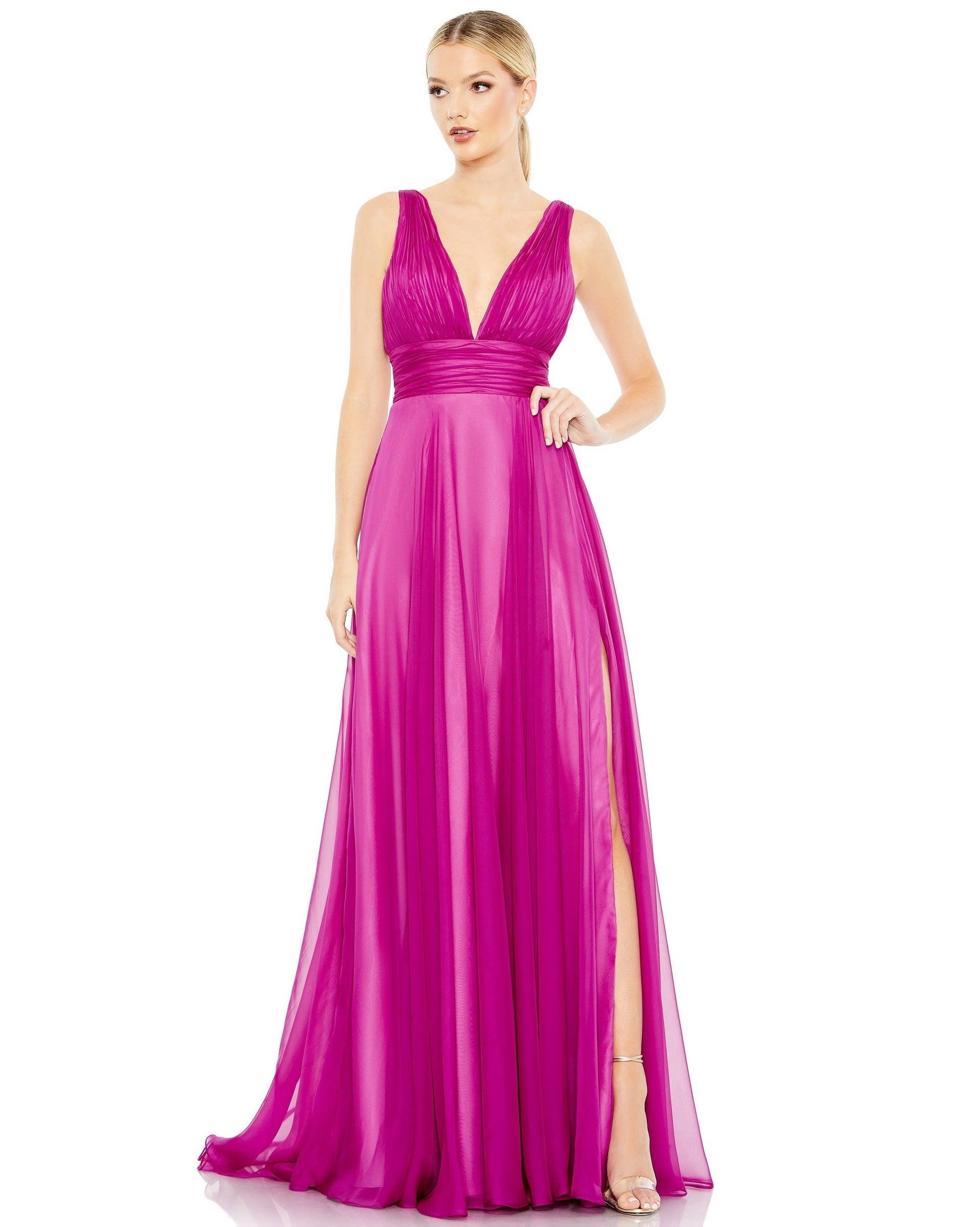 <p>The chiffon fabric is sure to make you feel elegant, while still maintaining comfort throughout any event. Featuring a sleeveless plunging V-neckline and V-back design with sexy high slit and ends with a sweep train. If you're looking for a dress that will turn heads, this dress is it.</p> <p> </p> <p>Fabric : Chiffon</p> <p>Zipper Back</p> <p>Length : Full Length</p> <p>Sleeve Style : Sleeveless</p> <p>Color : Fuchsia</p> <p>Sizes : 0, 2, 4, 6, 8, 10, 12, 14, 16</p> <p>Fully Lined</p> <p>Occasion : Prom, Formal, Evening Party, Homecoming, Wedding Guest, Red Carpet, Pageant</p>