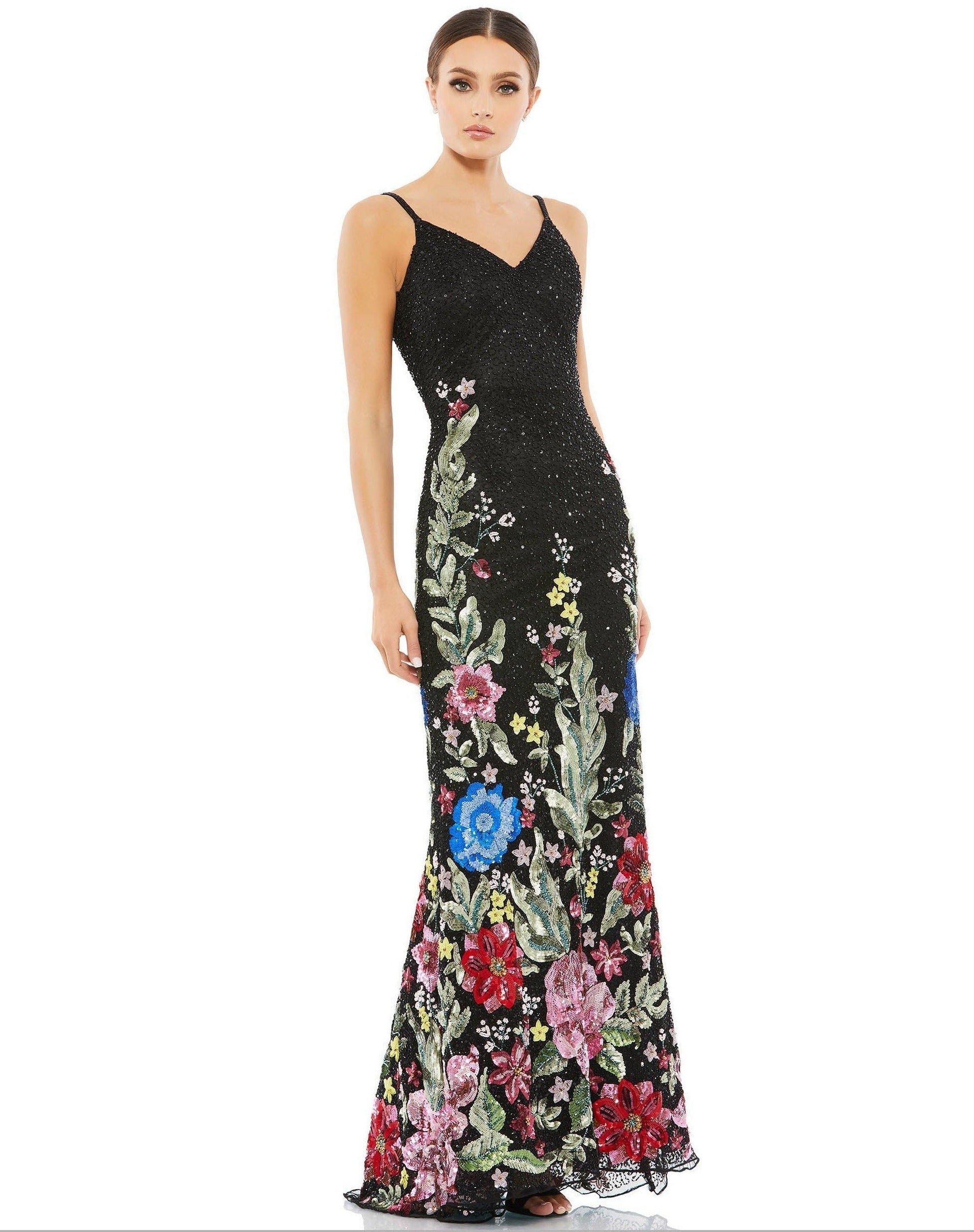 <p>This elegant evening long gown is made of sequins and pearls which is embellished with iridescent pearls from waist to hem. Featuring a spaghetti straps adorn the V-neckline and the center V-neckline with a light brush.</p> <p> </p> <p>Fabric : Sequins<br> <br> Zipper Back</p> <p>Length : Full Length</p> <p>Sleeve Style : Spaghetti Strap</p> <p>Colors : Black Multi, Nude/Multi</p> <p>Sizes : 0, 2, 4, 6, 8, 10, 12, 14, 16</p> <p>Fully Lined</p> <p>Occasion : Formal, Evening Party, Church, Wedding Guest</p>