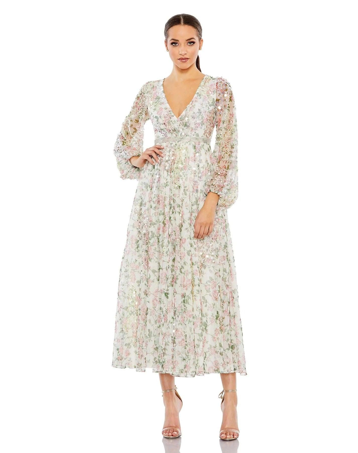 <p>Whether you are the main attraction, or need a lovely addition to your ensemble, this floral print dress is made for you! Features long sleeve V-neckline with a beaded waist detail. The romantic sleeves make this gown a timeless and elegant choice.</p> <p> </p> <p>Fabric : Mesh</p> <p>Zipper Back</p> <p>Length : Tea Length</p> <p>Sleeve Style : One Shoulder</p> <p>Color : White Multi</p> <p>Sizes : 4, 6, 8, 10, 12, 14, 16, 18, 20</p> <p>Fully Lined</p> <p>Soft Cup Inserts</p> <p>Occasion : Formal, Evening Party, Mother of the Bride, Church, Wedding Guest</p>