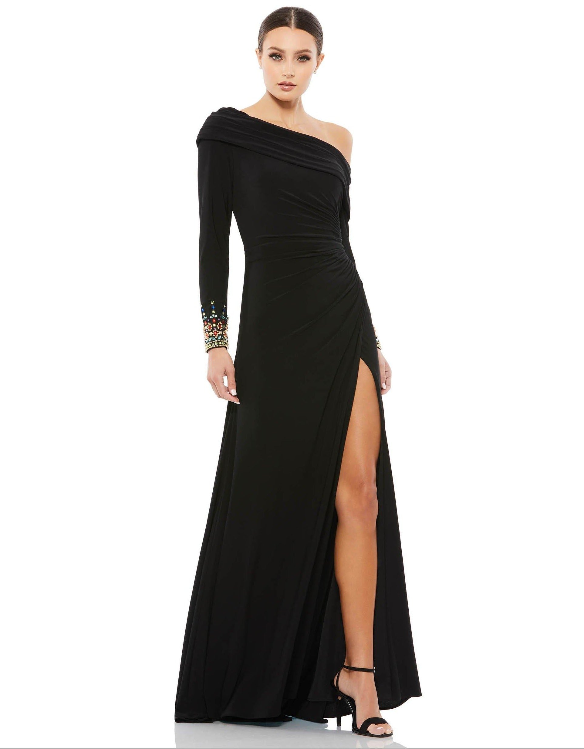 <p>Stunning long gown features an asymmetrical neckline with a soft pleated insert with an open back and framed by long sleeves . The skirt has a high slit and a sweeping train.</p> <p> </p> <p>Fabric : Jersey</p> <p>Zipper Back</p> <p>Length : Full Length</p> <p>Sleeve Style : Off Shoulder</p> <p>Color : Black, White, Midnight, Emerald</p> <p>Sizes : 0, 2, 4, 6, 8, 10, 12, 14, 16</p> <p>Fully Lined</p> <p>Occasion : Formal, Homecoming, Wedding Guest, Evening Party</p>