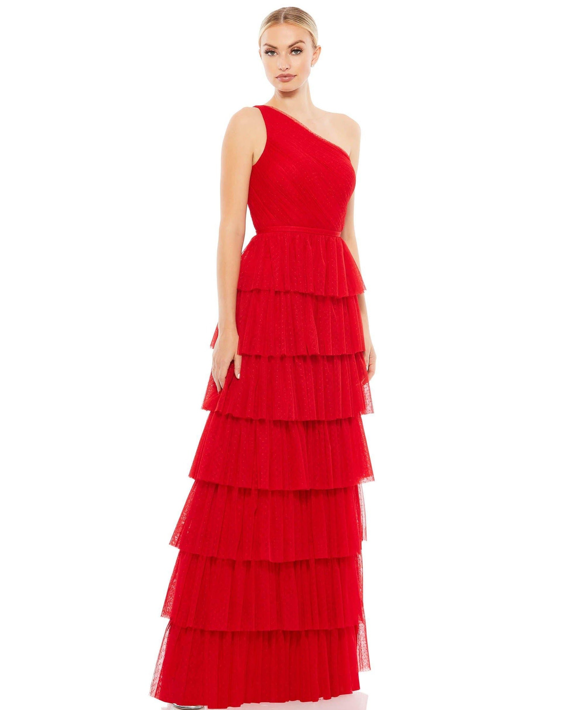 <p>This stunning A-line silhouette multi-tiered skirt  long gown features a one shoulder neckline with a thin ribbon around the waist.</p> <p> </p> <p>Zipper Back</p> <p>Length : Full Length</p> <p>Sleeve Style : One Shoulder</p> <p>Color : Red</p> <p>Sizes : 0, 2, 4, 6, 8, 10, 12, 14, 16</p> <p>Fully Lined</p> <p>Occasion : Homecoming, Formal, Evening Party, Church, Wedding Guest, Bridesmaids</p>