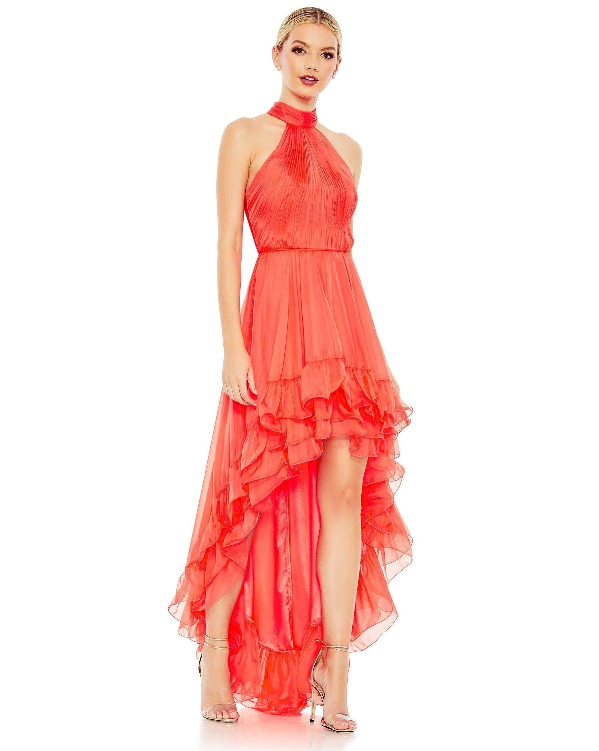 <p>This dress is undeniably gorgeous and will have you looking flawless on your big night. If you're looking for a dress that will turn heads, this dress is it. This high low gown features a halter neckline with a pleated bodice and a ruffled hem. Perfect for any special occasion.</p> <p> </p> <p>Fabric : Organza</p> <p>Zipper Back</p> <p>Length : High Low</p> <p>Sleeve Style : Halter</p> <p>Colors : Tangerine, <span data-mce-fragment="1"> </span><span data-variant-color-label="" data-index="0" data-option-index="0" data-mce-fragment="1">Emerald Green, Gold</span></p> <p>Sizes : 0, 2, 4, 6, 8, 10, 12, 14</p> <p>Fully Lined</p> <p>Occasion : Prom, Formal, Evening Party, Homecoming, Wedding Guest, Red Carpet, Pageant</p>