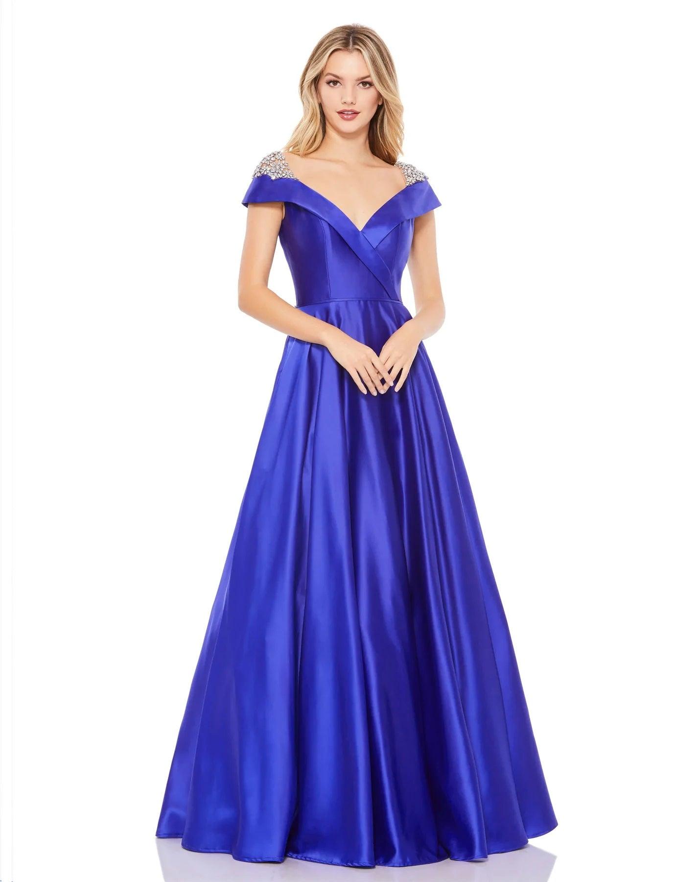 <p>Feel sexy and confident in this beautifully designed prom dress featuring a cap sleeve V-neckline with rhinestone and jewel embellishments. This dress is perfect for any special occasion and will make you feel like the belle of the ball.</p> <p> </p> <p>Fabric : Satin</p> <p>Zipper Back</p> <p>Length : Full Length</p> <p>Sleeve Style : Cap Sleeve</p> <p>Color : Cobalt</p> <p>Sizes : 2, 4, 6, 8, 10, 12, 14, 16, 18, 20, 22, 24</p> <p>Fully Lined</p> <p>Occasion : Prom, Formal, Evening Party, Homecoming, Wedding Guest, Red Carpet, Pageant</p>