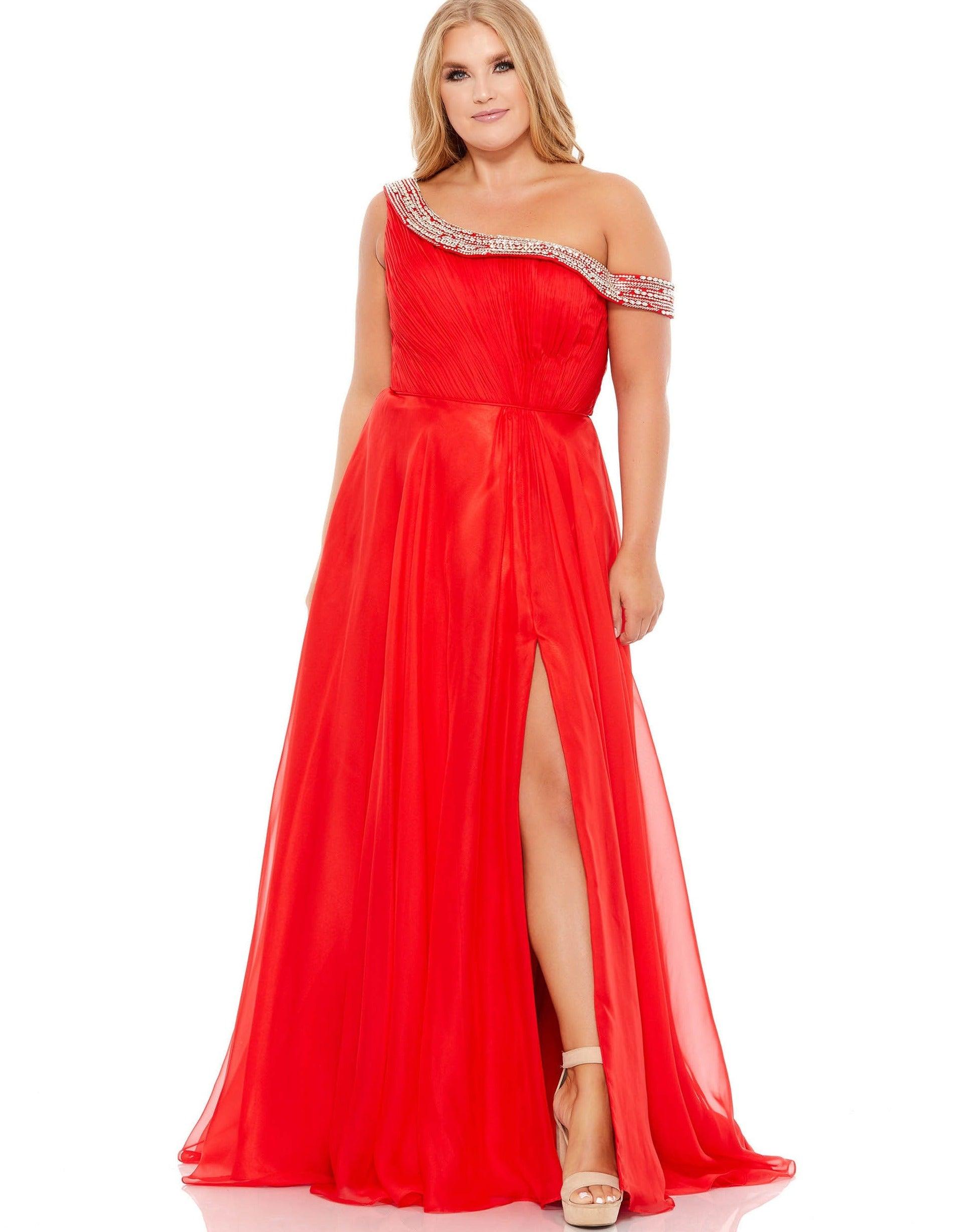 <p>You'll be glamorous to the max in this stunningly gorgeous long dress. This one shoulder gown features pleated bodice with sexy thigh high slit. This dress is undeniably gorgeous and will have you looking flawless on your big night.<br><br><br>Fabric : Organza<br><br>Zipper Back<br><br>Length : Full Length<br><br>Sleeve Style : One Shoulder<br><br>Colors : Red, Midnight<br><br>Sizes : 14W, 16W, 18W, 20W, 22W, 24W<br><br>Fully Lined<br><br>Occasion : Prom, Formal, Evening Party, Homecoming, Wedding Guest, Red Carpet, Pageant</p>