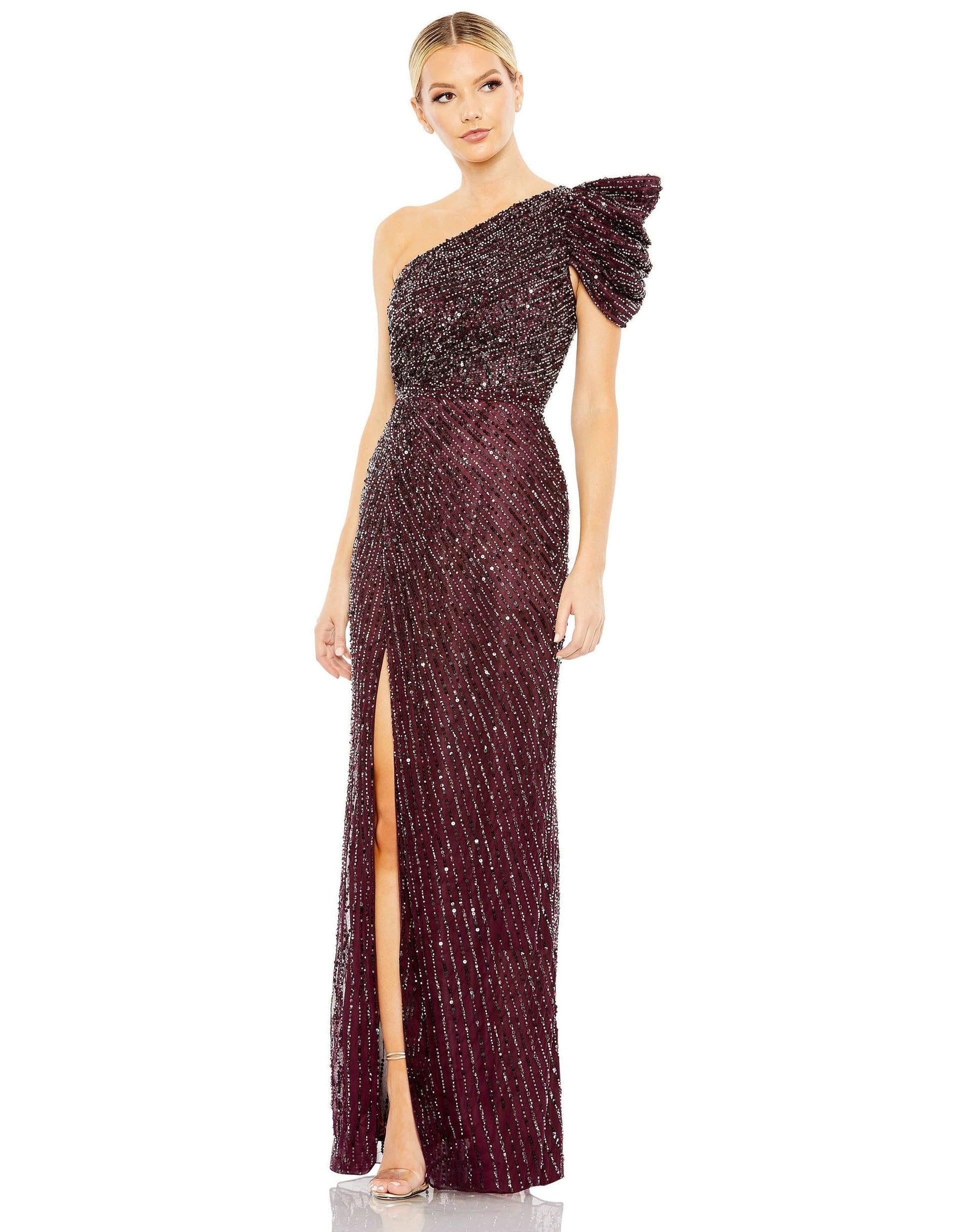 <p>Punctuate your look for an evening of dancing and romance with this stunning gorgeous long prom dress. This one shoulder gown features puff shoulder and sexy high slit. Perfect for special occasion. <br><br><br>Fabric : Sequins<br><br>Zipper Back<br><br>Length : Full Length<br><br>Sleeve Style : One Shoulder<br><br>Colors : Blackberry, Apricot, Silver<br><br>Sizes : 0, 2, 4, 6, 8, 10, 12, 14, 16, 18, 20<br><br>Fully Lined<br><br>Occasion : Prom, Formal, Evening Party, Homecoming, Wedding Guest, Red Carpet, Pageant</p>