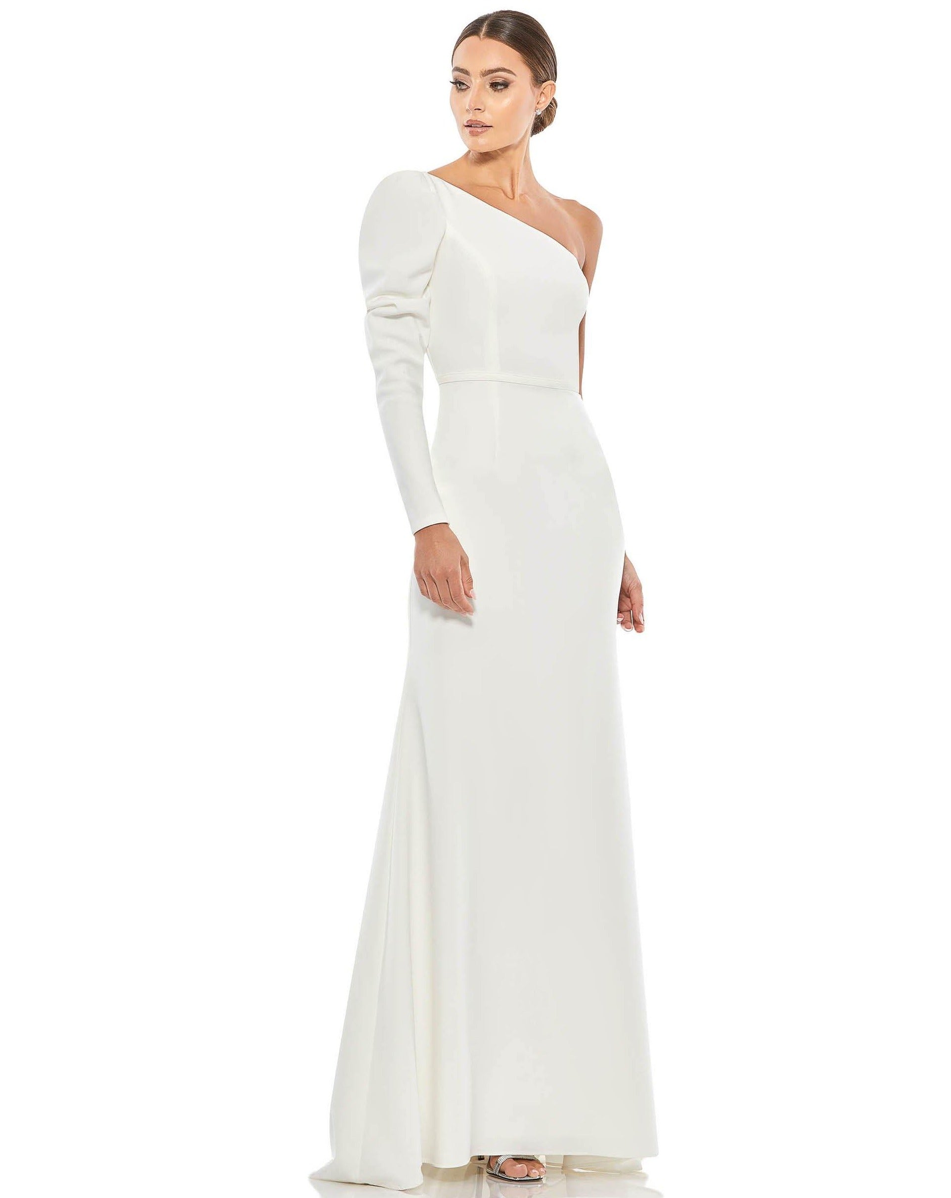 <p>Elegant long dress features puff accented long sleeves and a one shoulder neckline. A thin set on waistband accents and finished off with a sweep train.<br></p> <p> </p> <p>Zipper Back</p> <p>Length : Full Length</p> <p>Sleeve Style : Long Sleeve</p> <p>Color : White</p> <p>Sizes : 0, 2, 4, 6, 8, 10, 12, 14</p> <p>Fully Lined</p> <p>Occasion : Formal, Prom, Homecoming, Wedding Guest, Red Carpet, Pageant<br data-mce-fragment="1"></p>