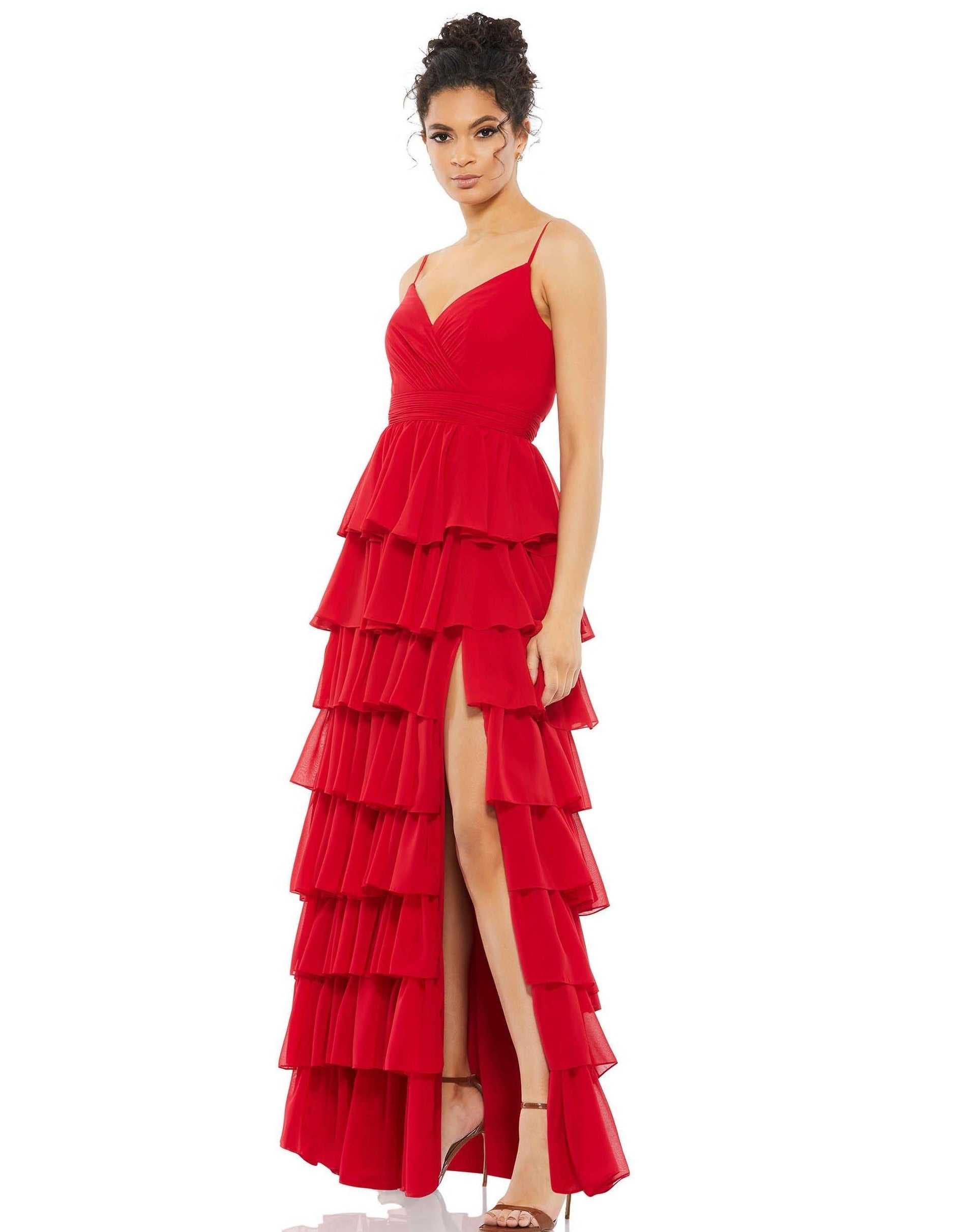 <p>This stunning spaghetti straps long gown features a V neckline with an open V back. The A-line dress shines with a ruffled skirt and thigh high slit and is made of chiffon.<br></p> <p> </p> <p>Fabric : Chiffon<br> <br> Zipper Back</p> <p>Length : Full Length</p> <p>Sleeve Style : Spaghetti Strap</p> <p>Colors : Red, <span data-mce-fragment="1">Black</span><br></p> <p>Sizes : 0, 2, 4, 6, 8, 10, 12, 14</p> <p>Fully Lined</p> <p>Occasion : Formal, Homecoming, Wedding Guest, Bridesmaids, Evening Party</p>