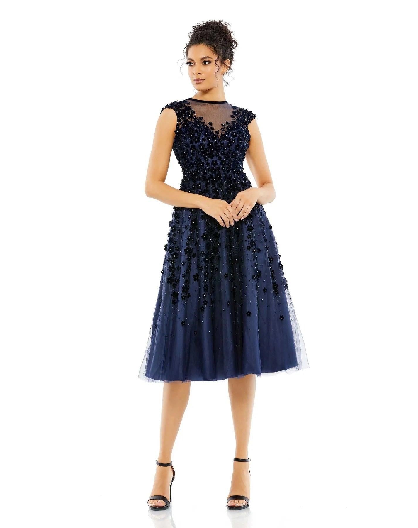 <p>The beautiful tulle material will have you feeling just as glamorous at your next party or event. You won't want to. This dress comes with cap sleeve illusion high neckline with floral applique. Perfect for any special occasion so you can feel confident, glamorous, and comfortable in this elegant design.<br><br><br>Fabric : Tulle<br><br>Zipper Back<br><br>Length : Midi Length<br><br>Sleeve Style : Cap Sleeve<br><br>Color : Midnight<br><br>Sizes : 2, 4, 6, 8, 10, 12, 14, 16, 18<br><br>Fully Lined<br><br>Occasion : Prom, Formal, Evening Party, Homecoming, Wedding Guest, Red Carpet, Pageant</p>