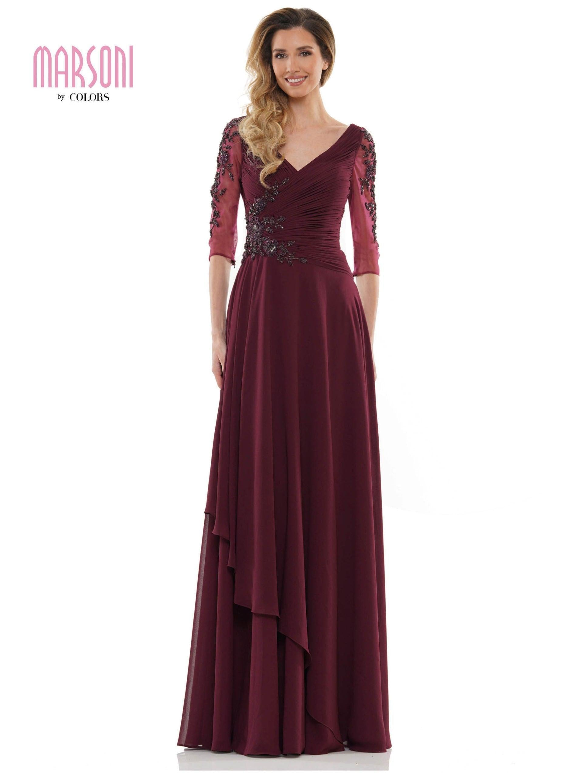 <p>You won't regret purchasing this classy garment that's been crafted with care and is an excellent choice for your special day. This dress has <span data-mce-fragment="1">chiffon A-line dress with V-neck, 3/4 sleeves with beaded ruffles skirt. </span>Whether you're celebrating a wedding or just want to mix things up at your office party, this long formal dress will have heads turning. Take on any event with style and grace in our satin full-length plus size evening gown!</p> <p> </p> <p>Fabric : Chiffon</p> <p>Zipper Back</p> <p>Length : Full Length</p> <p>Sleeve Style : 3/4 Sleeve</p> <p>Colors : Wine, Taupe, Slate Blue, Navy, Deep Green</p> <p>Sizes : 6, 8, 10, 12, 14, 16, 18, 20, 22, 24, 26, 28</p> <p>Fully Lined</p> <p>Occasion : Formal, Evening Party, Church, Wedding Guest, Mother of the Bride, Mother of the Groom</p>