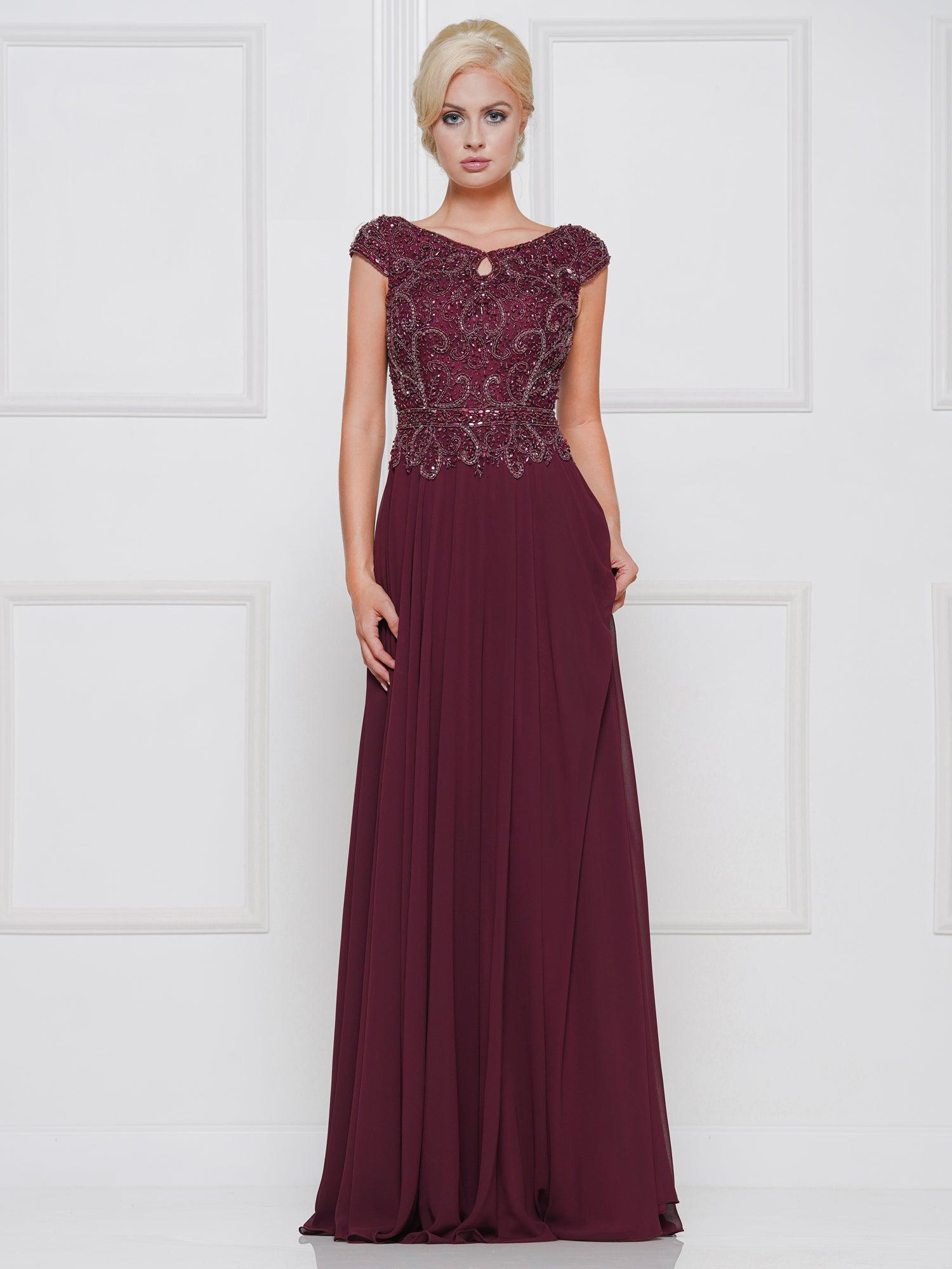 <p>Chic and elegant, this dress is perfect for those who take their style all the way to the finish line. Look no more, this stylish, versatile dress is just what you need. Featuring a cap sleeve with keyhole neckline and is made of chiffon fabric with beaded bodice. Perfect for any special occasion.</p> <p> </p> <p>Fabric : Chiffon</p> <p>Zipper Back</p> <p>Length : Full Length</p> <p>Sleeve Style : Cap Sleeve</p> <p>Colors : Wine, Navy, Nude, Latte</p> <p>Sizes : 4, 6, 8, 10, 12, 14, 16, 18, 20, 22, 24</p> <p>Fully Lined</p> <p>Occasion : Formal, Evening Party, Church, Wedding Guest, Mother of the Bride, Mother of the Groom</p>