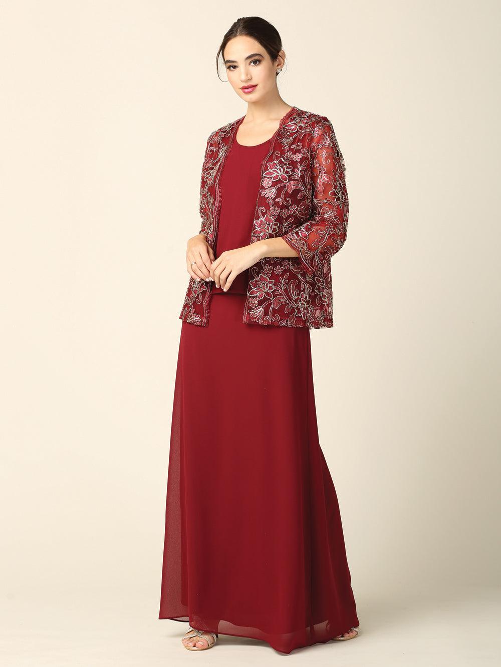 <p>Ladies, are you looking for that perfect mother of the bride formal dress  Well look no further! This formal dress features a sleeveless scoop neckline with 3/4 sleeve lace embroidery jacket. Perfect for church or evening affairs, this outfit will make you feel classy and confident on your bride's big day!<br><br><br>Fabric : Pebble Georgette<br><br>Zipper Back<br><br>Length : Full Length<br><br>Sleeve Style : Sleeveless with 3/4 Sleeve Jacket<br><br>Colors : Burgundy, Champagne, Dusty Rose, Mauve, Navy<br><br>Sizes : M, L, XL, 2XL, 3XL, 4XL<br><br>Fully Lined<br><br>Occasion : Formal, Evening Party, Mother of the Bride, Church, Wedding Guest<br><br><br>Prom, Formal, Evening Party, Homecoming, Wedding Guest, Red Carpet, Pageant</p>