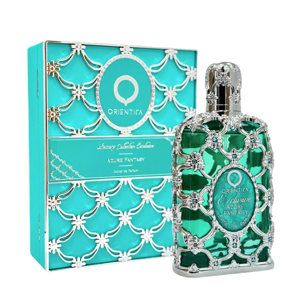 <p>Indulge in an exclusive experience with Azure Fantasy. Like raindrops tearing through the mist, this 2.7 oz Extrait of Parfum brings to life your turquoise dreams with notes of ginger, mint, bergamot and nutmeg. Let geranium and jasmine elevate your senses as ambergris, musk, and guaiac wood create a crescendo of joy.</p>