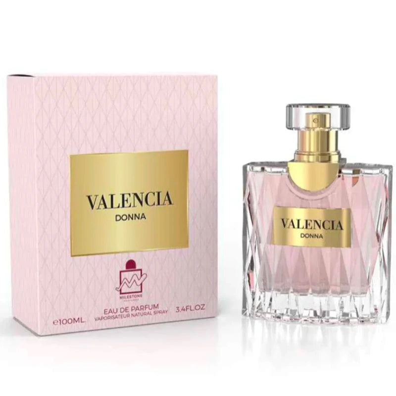 <p><em>INSPIRED BY </em><strong>VALENTINO DONNA</strong></p>
<p>Envelop yourself in the captivating aroma of Valencia Donna, an exquisite 3.4 oz EDP for women. Experience a gentle awakening of the senses with its romantic and daring blend of noble ingredients. Enjoy the delicate grace of femininity with a classic floriental twist. Dare to be bold and experience the beauty that is Valencia Donna!</p>