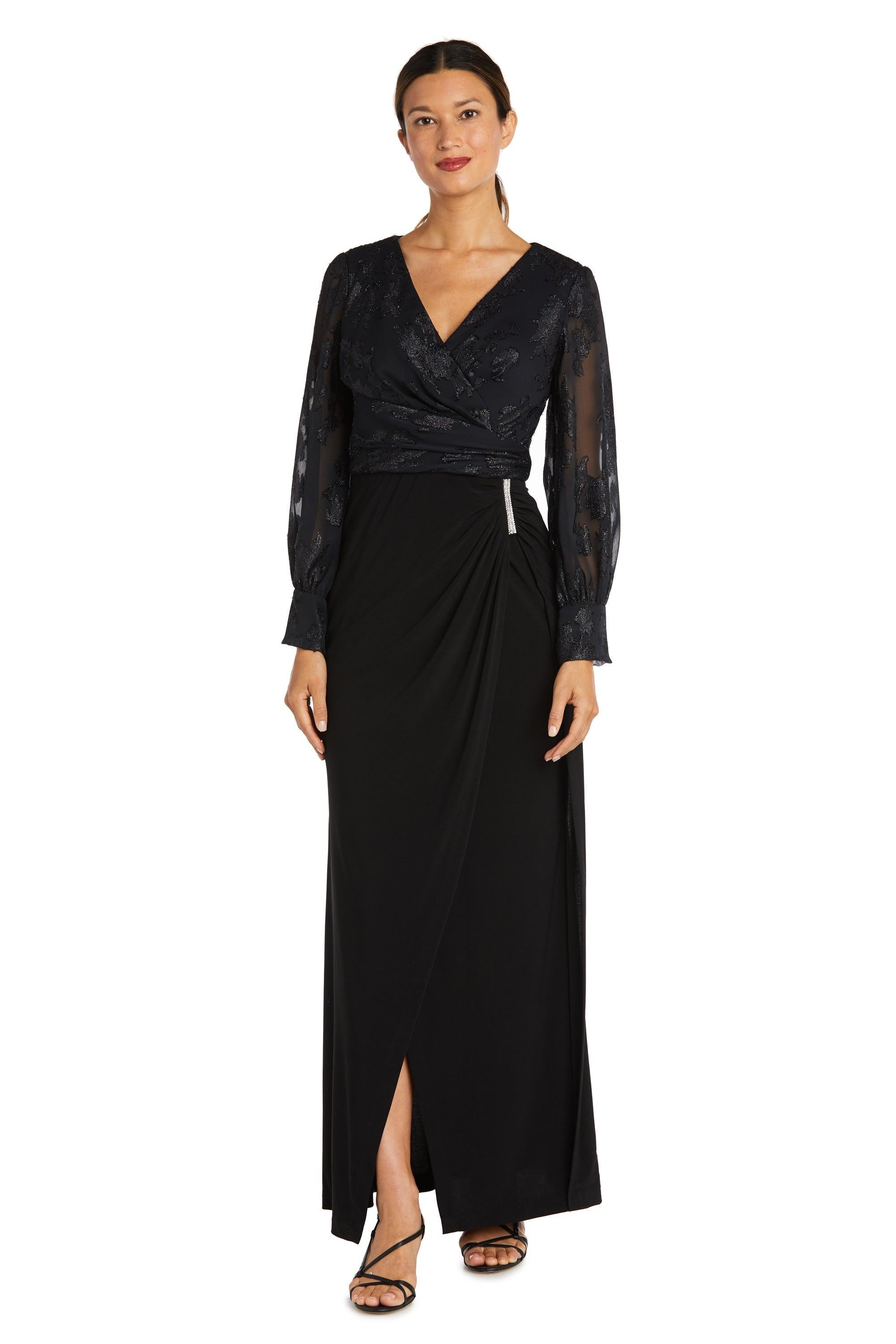 Ladies, are you looking for that perfect mother of the bride formal dress  Well look no further! This elegant long gown features long sleeve V-neckline with mock wrap waist and rhinestone details. Turn heads when you walk into any event in this stunning long dress. <p> </p> <p> </p> <p>Available in <strong><a title="Petite Size" href="https://%20/products/nightway-long-sleeve-formal-petite-dress-22062p%20variant=39633122721853"><span style="text-decoration: underline; color: #00aaff;">Petite Size</span></a></strong></p> <p> </p> <strong>Fabric</strong> : Poly Spandex<br data-mce-fragment="1"><br data-mce-fragment="1"><strong>Zipper Back</strong><br data-mce-fragment="1"><br data-mce-fragment="1"><strong>Length</strong> : Full Length<br data-mce-fragment="1"><br data-mce-fragment="1"><strong>Sleeve Style</strong> : Long Sleeve<br data-mce-fragment="1"><br data-mce-fragment="1"><strong>Color</strong> : Black<br data-mce-fragment="1"><br data-mce-fragment="1"><strong>Sizes</strong> : 4, 6, 8, 10, 12, 14<br data-mce-fragment="1"> <br data-mce-fragment="1"><strong>Fully Lined</strong><br data-mce-fragment="1"><br data-mce-fragment="1"><strong>Occasion</strong> : Formal, Evening Party, Mother of the Bride, Mother of the Groom, Church, Wedding Guest