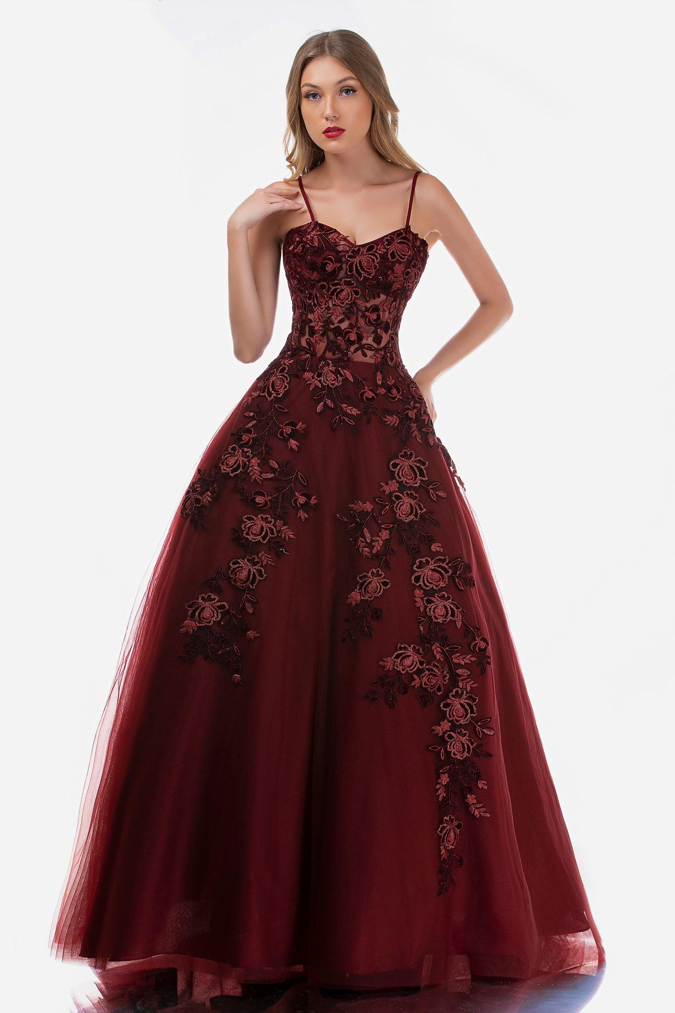 <p> Elegant spaghetti straps ball gown with a sweetheart neckline on a fitted vest decorated with floral embroidery. This dress is embellished  with floral appliques and is made of tulle skirt .</p> <p> </p> <p>Fabric : Lace, Tulle</p> <p>Zipper Back</p> <p>Length : Full Length</p> <p>Sleeve Style : Spaghetti Strap</p> <p>Burgundy</p> <p>Sizes : 00, 0, 2, 4, 6,8, 10, 12, 14,16, 18, 20, 22, 24, 26, 28</p> <p>Fully Lined</p> <p>Occasion : Formal, Prom, Homecoming, Wedding Guest, Red Carpet, Pageant, Evening Party</p>