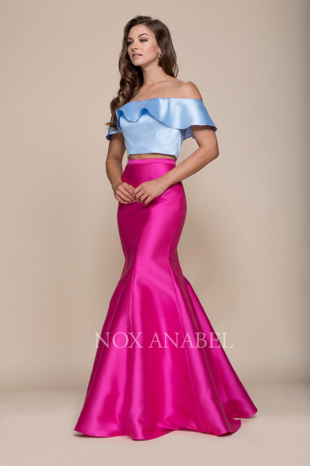 <p><br>This evening dress features a ruffled off the shoulder crop top with short sleeves, a trendy mid-open back, a floor length mermaid skirt, and a zipper closure.</p> <p> </p> <p>Fabric : Mikado</p> <p>Closure : Back Zipper</p> <p>Sleeve Style : Off Shoulder</p> <p>Colors : Fuchsia-Blue, Red-Green, Royal Black</p> <p>Size : XS, S, M, L, XL, 2XL</p> <p>Fully Lined</p> <p>Occasion : Formal, Prom, Homecoming, Special Occasion</p> 