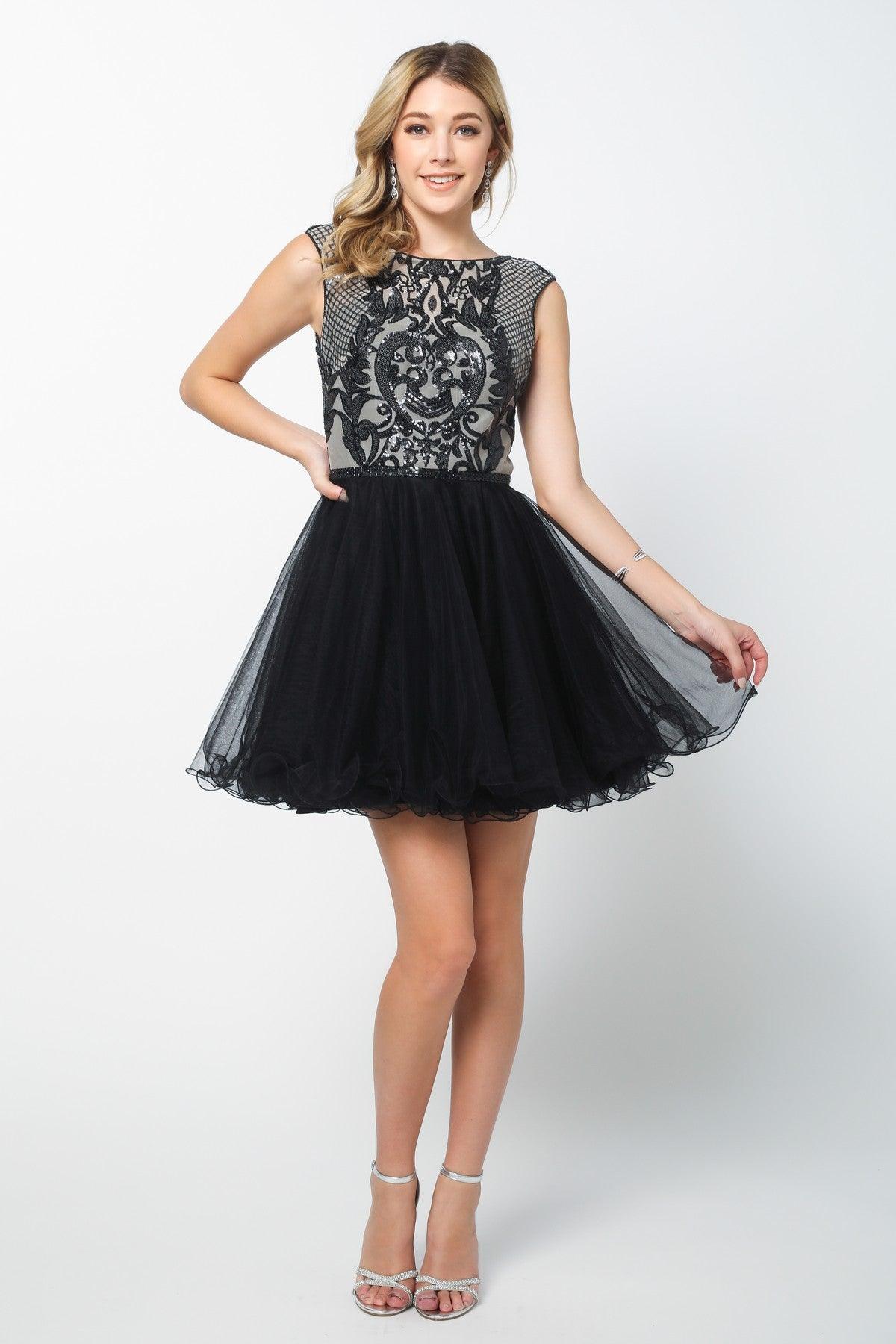 <p><br>This short party dress features a scoop high-neck cap sleeve bodice adorned with appliques covered in sparkly sequins, gorgeous sequined lattice design, flirty open V-back, a short curly hemline A-line skirt gracefully flares out above the knees, and a zipper closure.</p> <p> </p> <p>Fabric : Tulle</p> <p>Closure : Back Zipper</p> <p>Sleeve Style : Sleeveless</p> <p>Colors : Black, Gold</p> <p>Size : XS, S, M, L, XL, 2XL</p> <p>Fully Lined</p> <p>Occasion : Formal, Prom, Homecoming, Special Occasion</p>