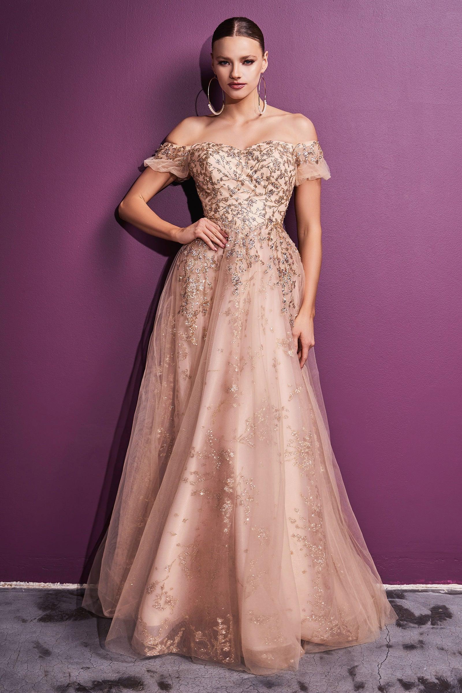 <p> </p> <p><span style="font-weight: 400;">We have the perfect prom dress for you! This stunner is made of a combination of satin and polyester fabric.  This elegant prom dress makes a splash on the sidelines of formal events with its classic color and timeless elegance. Tailored to be universally flattering, it has an <span data-mce-fragment="1">off-the-shoulder tulle puff sleeves. Internal boning at the bodice ensures a supportive and comfortable fit while the Basque waistline provides an ultra-flattering and slimming effect. The back bodice features functional corset-style lacing for a customized fit. The voluminous skirt falls from the waist to a floor-sweeping hem.</span></span></p> <p> </p> <p>Fabric : Lace, Glitter</p> <p>Length : Floor Length</p> <p>Sleeve Style : Off Shoulder</p> <p>Color : Gold</p> <p>Sizes : 6, 8, 10, 12, 14, 16, 18</p> <p>Fully Line</p> <p>Soft Cup Inserts</p> <p>Occasion : Formal Dresses, Prom Dresses</p>