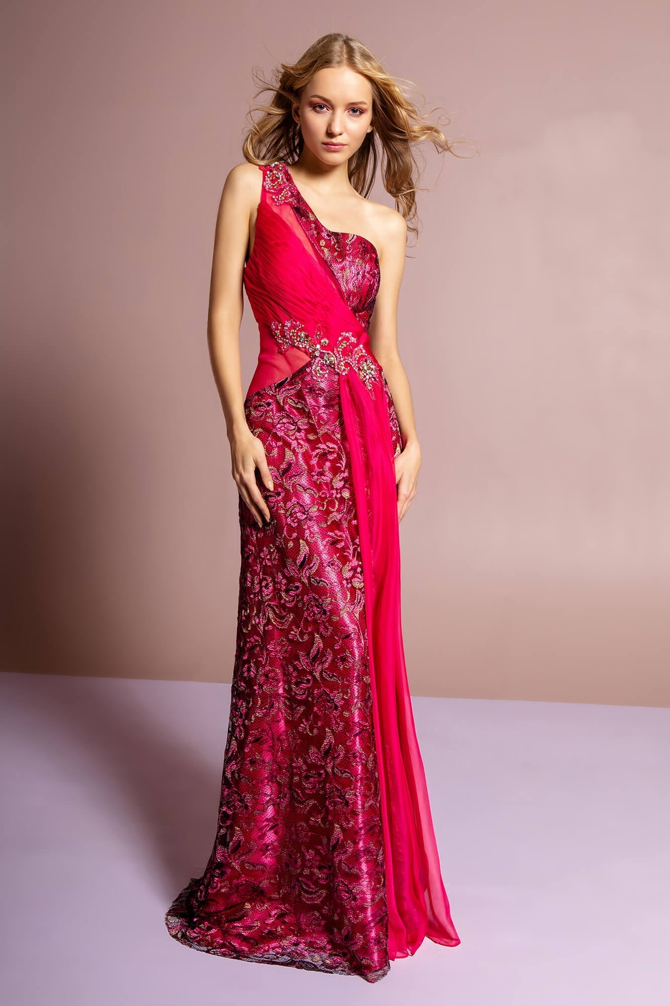 This long dress featuring a one shoulder asymmetric neckline with bodice embellished with bead and lace appliques. This Chiffon dress boasts a strappy open back and flows into a trumpet skirt. Perfect for formal, evening party or any special occasion.<br><br><br>Fabric : Lace, Chiffon<br><br>Closure : Side Zipper<br><br>Length : Full Length<br><br>Sleeve Style : One Shoulder<br><br>Colors : Fuchsia<br><br>Sizes : XS, S, M, L, XL, 2XL, 3XL<br><br>Fully Lined<br><br>Soft Cup Inserts<br><br>Occasion : Formal, Prom, Homecoming, Wedding Guest, Evening Party, Red Carpet, Pageant, Special Occasion 