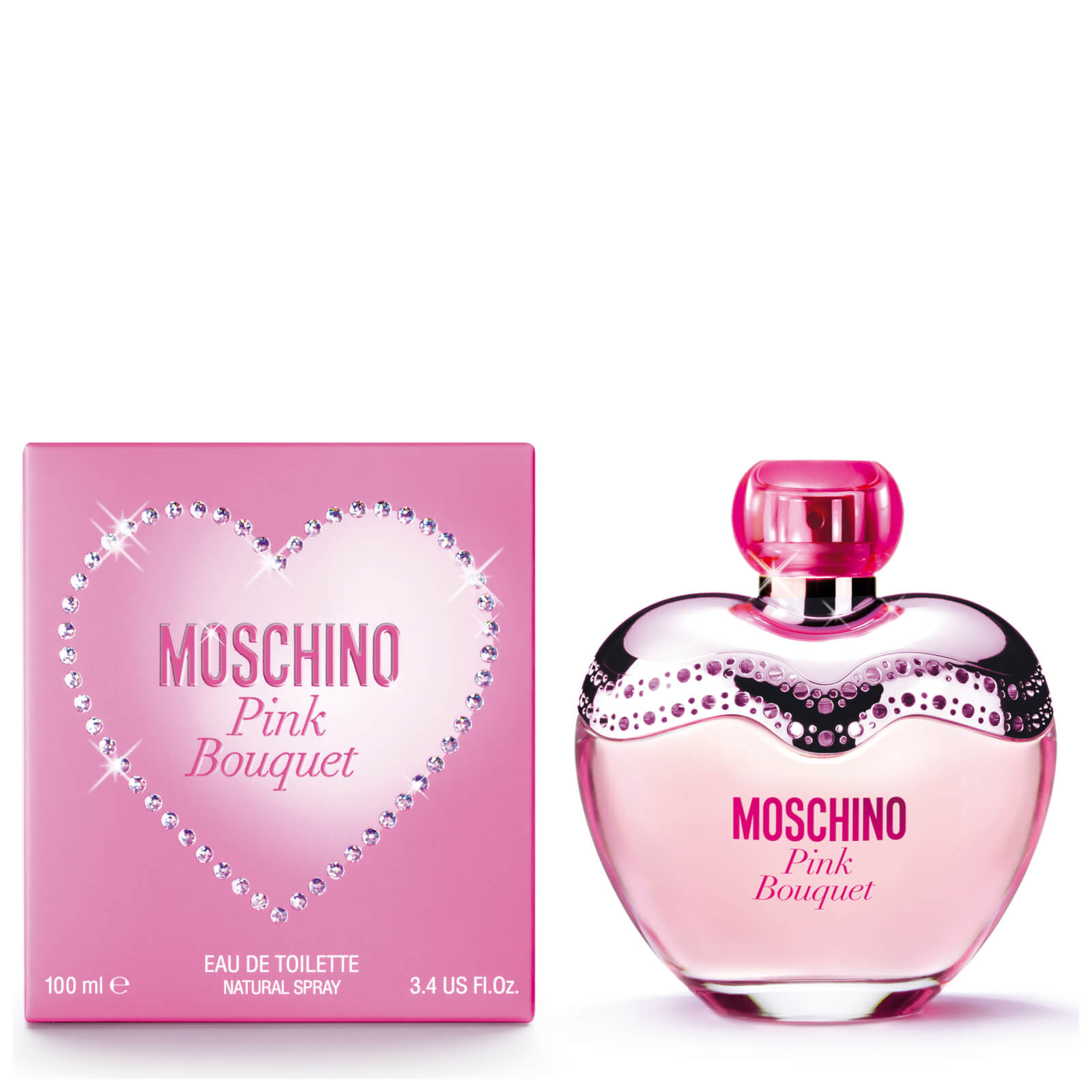 The Italian house of Moschino is launching a new fragrance Pink Bouquet in a flacon shaped like previous editions: Glamour from 2008 and Toujours Glamour from 2010. The new Pink Bouquet brings us a lot of positive energy, youthful freshness and euphoric notes. 
Moschino Pink Bouquet is constructed as a floral-fruity blend with top notes of bergamot, pineapple sorbet and raspberry. A heart incorporates jasmine, pink lily of the valley, violet and peony petal, while base notes leave a juicy trail of peach, gingerbread and musk. 
The fragrance was released in June 2012. Outer carton of the edition accompanies the romantic theme; it is also pink and decorated with a heart made of luminous crystals framing the name of the new fragrance. Face of the campaign is Kendra Spears. The fragrance will be accompanied by promo posters and TV advertisement. The nose behind this fragrance is Olivier Pescheux.