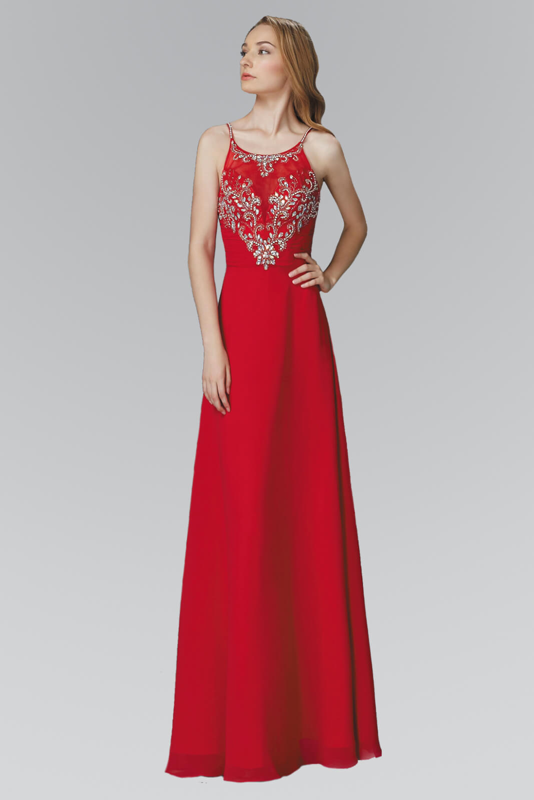 This long dress features a floral crystal embellishment on a sheer yoke, this lavish piece flaunts a stringed jewel illusion over a plunging sweetheart neckline, ornate slim straps and a shirred semi-open back. The chiffon A-line skirt flows immaculately at a full-length hem. Perfect for formal, evening party or any special occasion.<br><br><br>Fabric : Chiffon<br><br>Closure : Zipper Back<br><br>Length : Full Length<br><br>Sleeve Style : Spaghetti Strap<br><br>Colors : Red,Royal Blue<br><br>Sizes : XS, S, M, L, XL, 2XL<br><br>Fully Lined<br><br>Soft Cup Inserts<br><br>Occasion : Formal, Prom, Homecoming, Wedding Guest, Evening Party, Red Carpet, Pageant, Special Occasion 