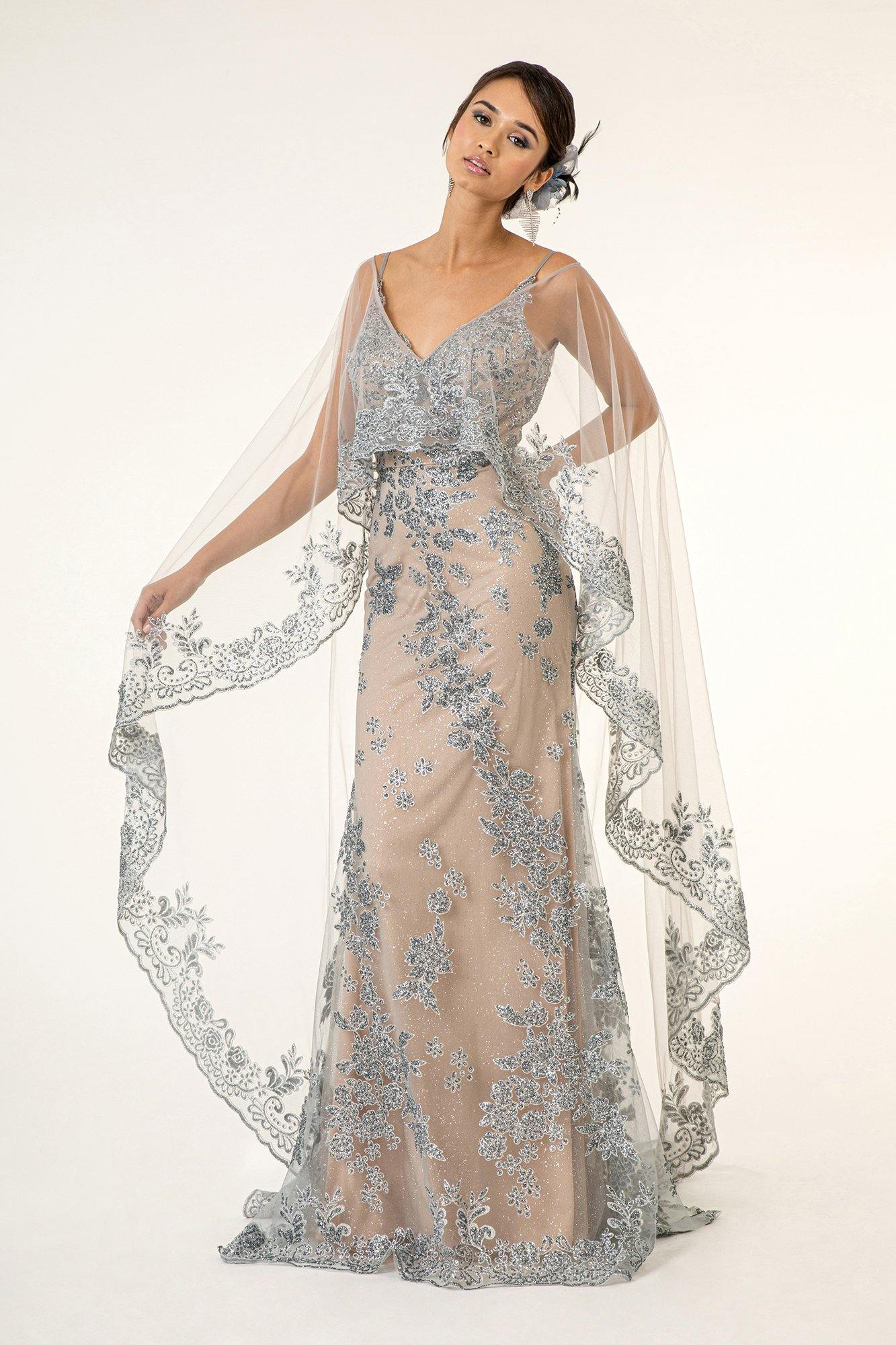 This dazzling prom long dress features a V-neckline and V-back design with spaghetti strap. The skirt adorns the silhouette of the case, which ends with a sweep train. This dress comes with a sheer detachable cape. Perfect for any special occasion.<br data-mce-fragment="1"><br data-mce-fragment="1"><br data-mce-fragment="1">Fabric : Mesh<br data-mce-fragment="1"><br data-mce-fragment="1">Zipper Back<br data-mce-fragment="1"><br data-mce-fragment="1">Length : Full Length<br data-mce-fragment="1"><br data-mce-fragment="1">Sleeve Style : Spaghetti Strap<br data-mce-fragment="1"><br data-mce-fragment="1">Color : Silver/Nude<br data-mce-fragment="1"><br data-mce-fragment="1">Sizes : XS, S, M, L, XL, 2XL, 3XL<br data-mce-fragment="1"><br data-mce-fragment="1">Fully Lined<br data-mce-fragment="1"><br data-mce-fragment="1">Soft cup Inserts<br data-mce-fragment="1"><br data-mce-fragment="1">Occasion : Formal, Prom, Homecoming, Wedding Guest, Red Carpet, Pageant, Special Occasion