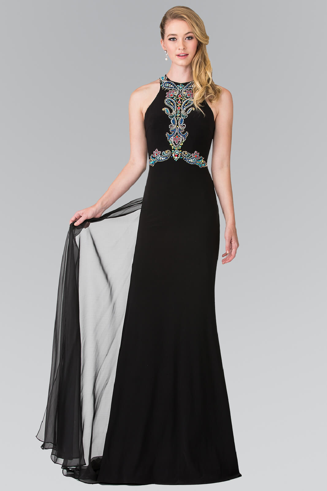 This long dress features a gleaming beads edged the halter neckline, panel down the center bodice and encircle the waist. More beads graced the sheer back for added sparkle. Perfect for formal, evening party or any special occasion.<br><br><br>Fabric : Chiffon<br><br>Closure : Side Zipper<br><br>Length : Full Length<br><br>Sleeve Style : Halter<br><br>Colors : Black, Royal Blue<br><br>Sizes : XS, S, M, L, XL, 2XL<br><br>Fully Lined<br><br>Soft Cup Inserts<br><br>Occasion : Formal, Prom, Homecoming, Wedding Guest, Evening Party, Red Carpet, Pageant, Special Occasion 