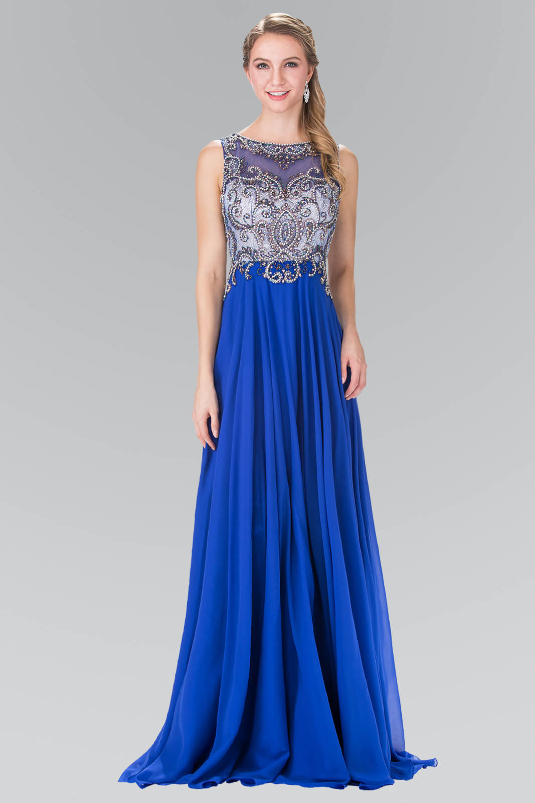 This long dress features a sleeveless bateau neck, open back, and is artfully draped all the way to the floor. Beautiful beading adorns the sheer bodice and open back. Perfect for formal, evening party or any special occasion.<br><br><br>Fabric : Chiffon<br><br>Closure : Zipper Back<br><br>Length : Full Length<br><br>Sleeve Style : Sleeveless<br><br>Colors : Royal Blue, Eggplant<br><br>Sizes : XS, S, M, L, XL, 2XL<br><br>Fully Lined<br><br>Soft Cup Inserts<br><br>Occasion : Formal, Prom, Homecoming, Wedding Guest, Evening Party, Red Carpet, Pageant, Special Occasion 