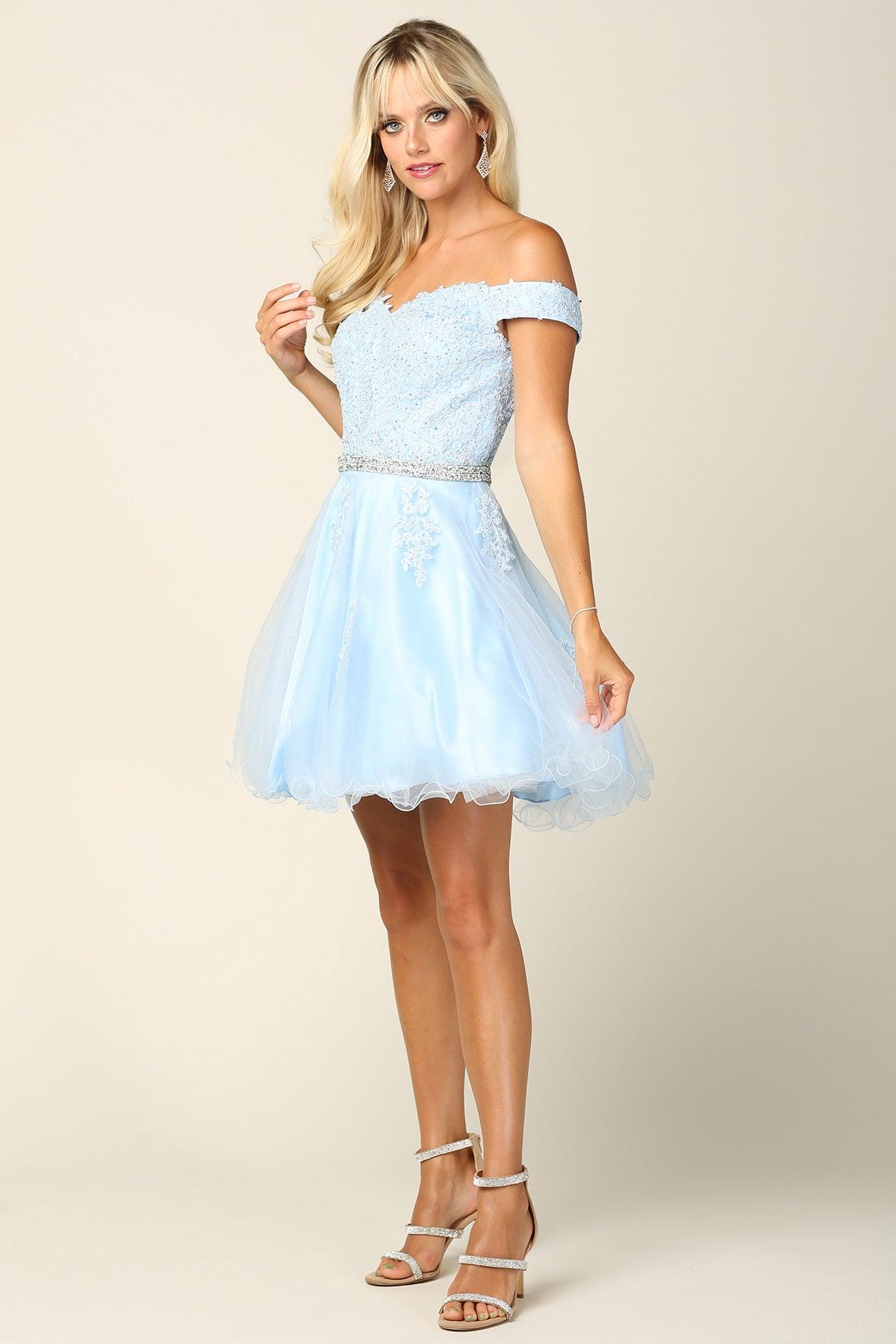 <p>This homecoming dress is everything you dreamed of! You’ll want to dance the night away in this glamorous homecoming dress! This off shoulder short dress features embroidered lace with attached rhinestones belt. This mini dress comes fully lined with special additions like soft cup inserts for added comfort.<br><br><br><br>Fabric : Lace, Tulle<br><br>Corset, Zipper Back<br><br>Length : Above Knee, Mini<br><br>Sleeve Style : Off Shoulder<br><br>Colors : Ice Blue, <span data-mce-fragment="1">Blush, Burgundy, Champagne, Lilac, White </span><br><br>Sizes : XS, S, M, L, XL, 2XL, 3XL, 4XL<br><br>Fully Lined<br><br>Occasion : Prom, Cocktail, Homecoming, Club Party, Dance Party, Wedding Guest, Welcome Party, Thanks Giving, Semi-Formal, Girl's Night Out, Graduation<br></p>