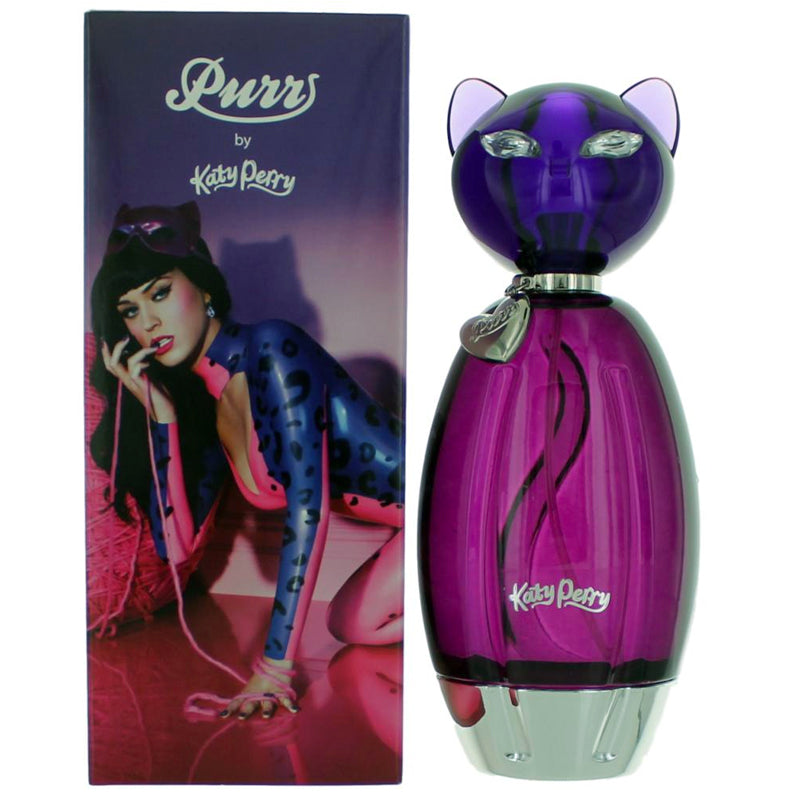 <span data-mce-fragment="1">Introduced in 2011. Purr" by Katy Perry, comes in cat-shaped bottle, complete with jeweled eyes, metallic accents and opulent lavender coloring. The perfume begins with the aroma of peach nectar and forbidden apple, evolves with a distinct floral bouquet of jasmine blossom, Bulgarian rose, and vanilla orchid, and slowly reveals accents of creamy sandalwood and musk.</span>