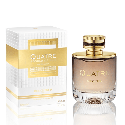 Quatre Absolu De Nuit Perfume by Boucheron, A sweet vanilla fragrance released in 2017, Quatre Absolu De Nuit for women was created by Nathalie Gracia-Cetto as an oriental floral perfume. The top notes in this scent are bitter almond, rosy pink pepper, and tart bergamot, followed by the middle heart notes of musty tonka bean, juicy pear, and sweet jasmine. The base is made up of cozy vanilla, rich sandalwood, and resinous amberwood, finishing this sensuous, flirty fragrance with warmth and richness. This sensuous perfume is best worn in cooler weather.