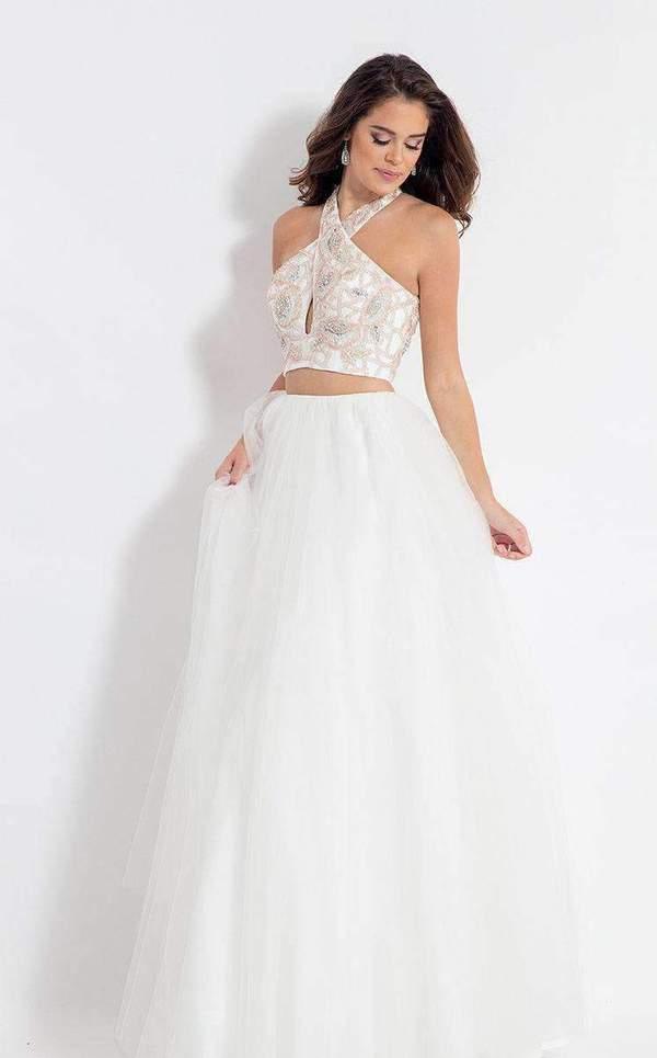 <p>A beautiful two piece long gown features a criss cross halter with a  keyhole neckline. The colorful bodice is embroidered and highlighted in a cut. Featuring a wide skirt with a multi layered ball gown tulle skirt.</p> <p> </p> <p>Fabric : Tulle</p> <p>Zipper Back</p> <p>Length : Full Length</p> <p>Sleeve Style : Halter</p> <p>Colors : White Rose Gold, Nude Sky Blue</p> <p>Sizes : 0, 2, 4, 6, 8, 10, 12</p> <p>Fully Lined</p> <p>Occasion : Prom, Formal, Homecoming, Wedding Guest, Red Carpet, Pageant</p>