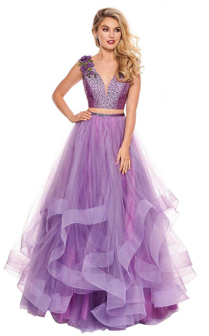 <p>This full length two-piece dress features crystal beading with a deep neckline at front and lace with floral applique. Tulle skirt flowing from the waist in a ruffle layered silhouette and matching beaded waistband.</p> <p><br></p> <p>Fabric : Tulle<br></p> <p>Zipper Back</p> <p>Length : Full Length</p> <p>Sleeve Style : Sleeveless</p> <p>Colors : Yellow, Deep Lilac, Blush, Nude</p> <p>Sizes : 0, 2, 4, 6, 8, 10, 12, 14, 16</p> <p>Fully Lined</p> <p>Occasion : Prom, Formal, Homecoming, Wedding Guest, Red Carpet, Pageant</p>