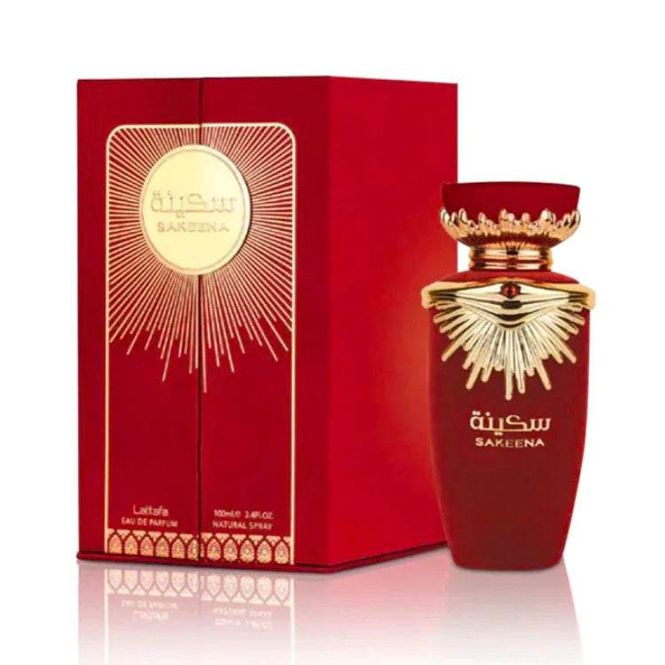 <meta charset="utf-8">
<p data-mce-fragment="1">Experience an alluring aroma with Sakeena By Lattafa. This luxurious 3.4 oz EDP unisex fragrance opens with a blend of zesty citrus and juicy fruit notes, followed by a bouquet of rose and other floral notes. Its woody base notes of sandalwood bring a warm and comforting depth to the scent. Wear this captivating fragrance and enjoy the lasting sophisticated scent.</p>
<br>