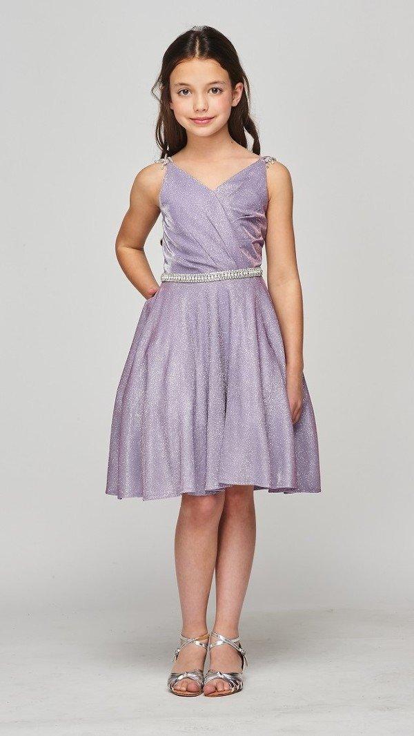 <p>This dress is for any flower girl, who wants to feel like a princess. Features metallic V-neck overlap pleated pocket with rhinestone gems on shoulder and waistline. The dress is fully lined with a spaghetti straps style that makes it easy to dance all night long.</p> <p> </p> <p>Fabric : Metallic Glitter</p> <p>Zipper, Corset Back</p> <p>Length : Knee - Above Knee</p> <p>Sleeve Style : Spaghetti Strap</p> <p>Colors : Lilac, Gold, Rose Gold</p> <p>Sizes : 4, 6, 8, 10, 12, 14</p> <p>Fully Lined</p> <p>Soft Cup Inserts</p> <p>Occasion : Weddings-Princess Dress-Flower Girl Dresses-Formal Events</p>