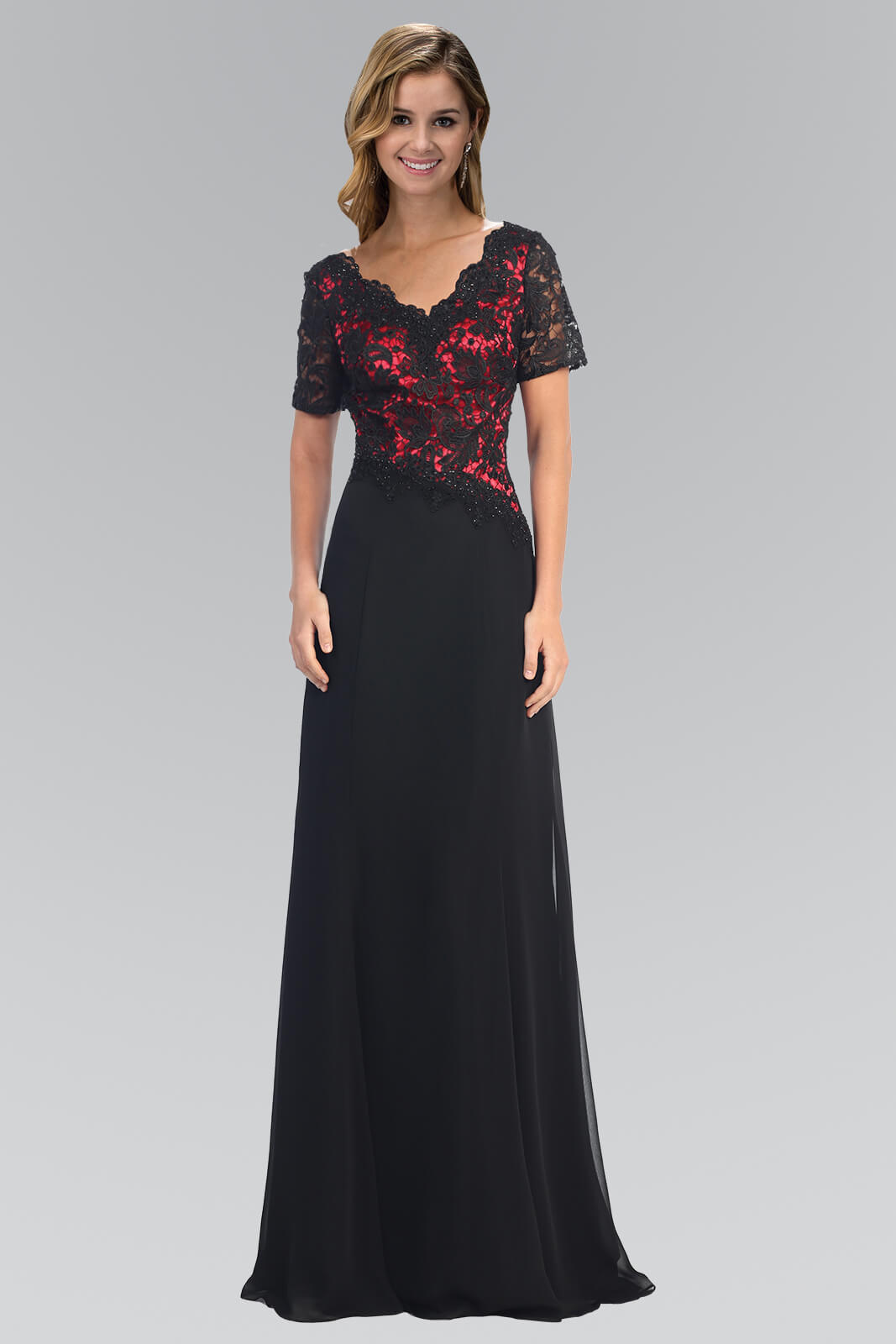 <p><br><span>This long dress features a v-neckline and cap sleeves with lace bodice. This dress is designed with a full-length skirt that flows graciously with every step. </span></p> <p> </p> <p>Fabric : Lace<br><br>Closure : Back Zipper<br><br>Sleeve Style : Short Sleeve<br><br>Color : Black/Fuchsia<br><br>Sizes : S, M, L, XL, 2XL, 3XL<br><br>Fully Lined<br><br>Occasion : Formal, Prom, Homecoming, Special Occasion</p>