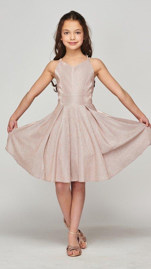 <p>This dress is for any flower girl, who wants to feel like a princess. This stunning metallic glitter short dress features a sweetheart fitted bodice with an A-line skirt and a lace up corset back. The dress is fully lined with double spaghetti straps style that makes it easy to dance all night long.</p> <p> </p> <p>Fabric : Metallic Glitter</p> <p>Zipper, Corset Back</p> <p>Length : Knee - Above Knee</p> <p>Sleeve Style : Spaghetti Strap</p> <p>Colors : Rose Gold, Gold</p> <p>Sizes : 4, 6, 8, 10, 12,1 4</p> <p>Fully Lined</p> <p>Soft Cup Inserts</p> <p>Occasion : Weddings-Princess Dress-Flower Girl Dresses-Formal Events</p>