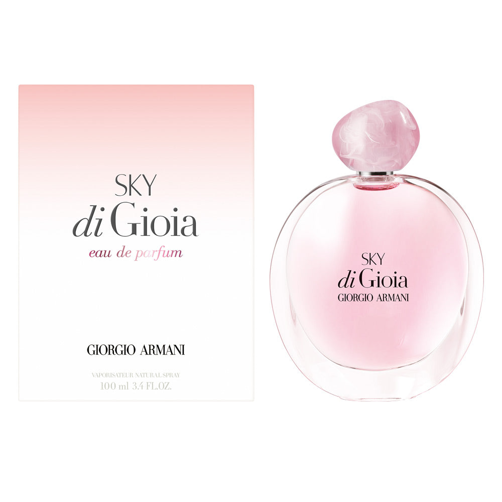 Sky di Gioia, the new Gioia fragrance by Giorgio Armani to reconnect with nature and feel joyful again. Sky di Gioia brings to life the energy and optimism of a new day. The scent is a blend of fruity, floral and musky notes, opening with a petaly rose that evokes a pink sky at dawn. Juicy pear and fresh lychee combined with rose and peony make Sky a sweeter take on the marine Acqua di Gioia, made soft with white musk.

Top Note: Lychee
Middle Note: Rose
Base Note: White Musk