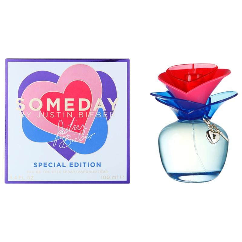 Someday by Justin Bieber Perfume. Someday for women by Justin Bieber delivers a splash of fruity and sweet accords that linger on your skin all day. Introduced in 2011, the fragrance presents top notes of pear and sweet red berries that gently dissolve into a heart of jasmine and white flowers. A warm base of musk and vanilla send you into the evening with an invigorating aura that is prefect for an after hours dinner. Someday has a high degree of longevity that keeps you feeling energized.