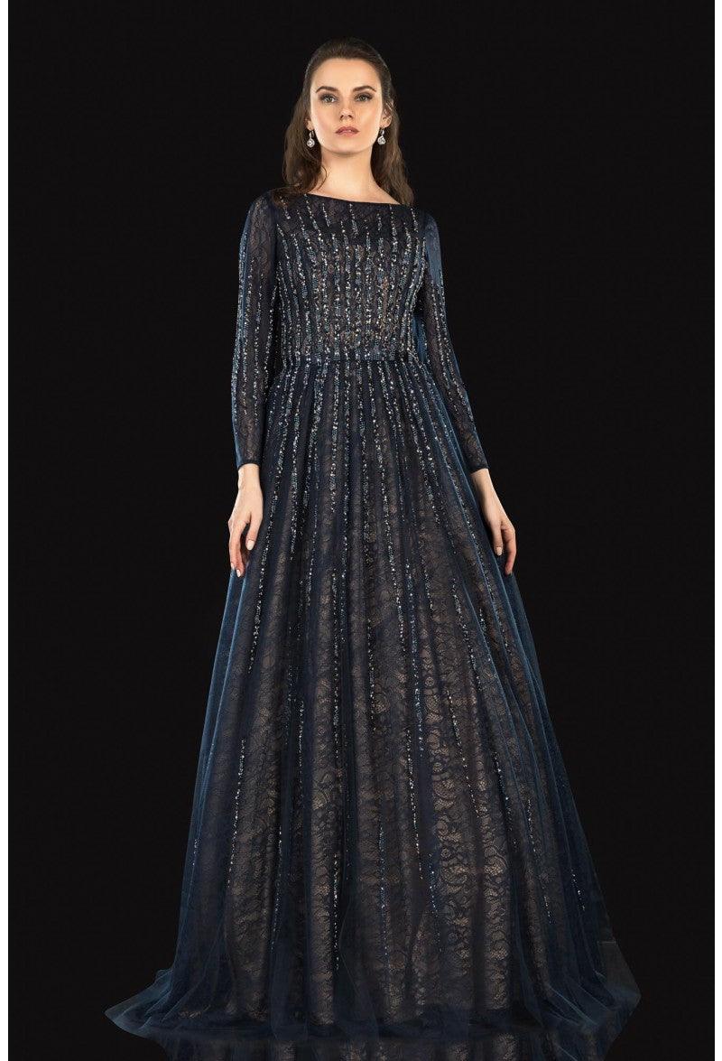 <p>Who doesn't love a good mother of the bride outfit  For occasions that deserve to be celebrated in style let this modern take on traditional evening wear provide you with everything you'll need for a perfect look. This long gown features long sleeve. The perfect combination of elegance, femininity and beauty!</p> <p> </p> <p>Zipper Back</p> <p>Length : Full Length</p> <p>Sleeve Style : Long Sleeve</p> <p>Color : Navy Nude</p> <p>Sizes : 0, 2, 4, 6, 8, 10, 12, 14, 16, 18, 20, 22, 24</p> <p>Soft Cup Inserts</p> <p>Occasion : Formal, Evening Party, Church, Wedding Guest, Mother of the Bride</p>