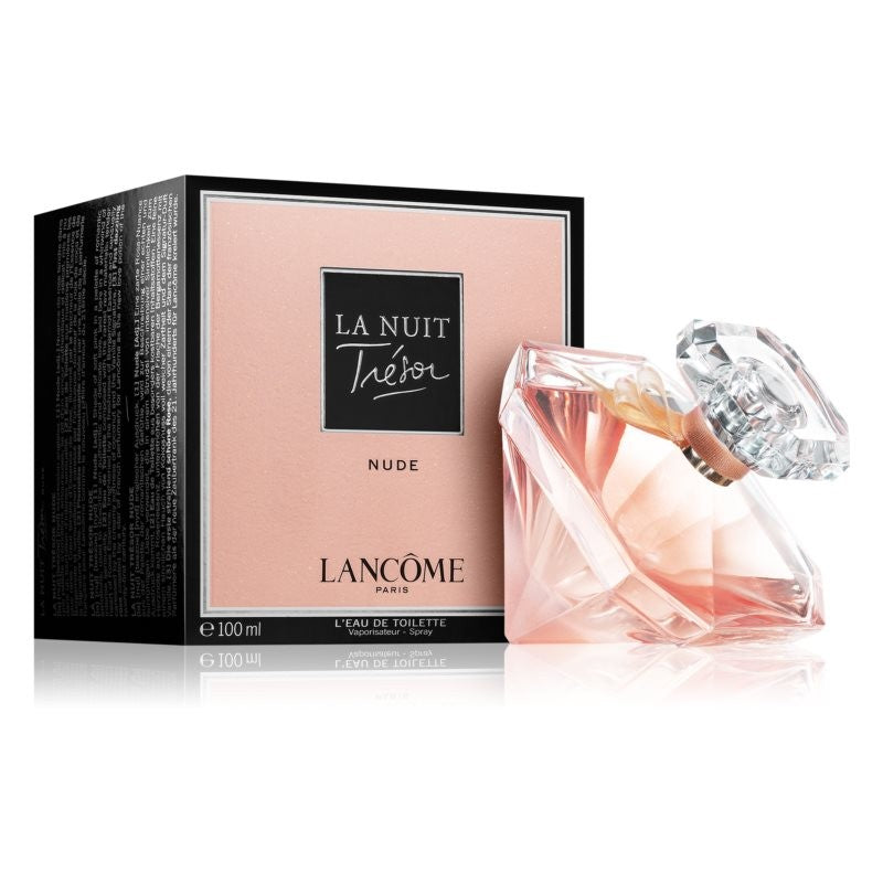 Tresor introduces a new chapter with La Nuit Tresor Nude: A delicate rose perfume with bergamot, coconut and vanilla notes. Through the eyes of her lover, she is more beautiful and authentic than ever: she is everything he loves, in every move she makes.

A star of French perfumery has created for Lancome a tender heart of Rose Essence, brightened by the freshness of Bergamot Essence and sensually caressed by the creamy softness of coconut and the Vanilla Signature. DMI --In this new chapter of La Nuit Trésor, we discover the most authentic love story: La Nuit Trésor Nude, a long-lasting rose perfume with bergamot, coconut and vanilla perfume notes. A shade of soft pink in a palette of romantic emotions; used to describe an authentic and delicate love, laid bare in a whirlwind of intense sensuality. She smiles, she dances, she even cries, she is everything he loves, in every move she makes.  In the eyes of her lover, she is sublime no matter what, a sequence of stolen moments, with no filter. In his eyes, she is love. 

Top Note: Fresh Bergamot Essence
Heart Note: Dazzling Rose
Base Note: Coconut and Vanilla