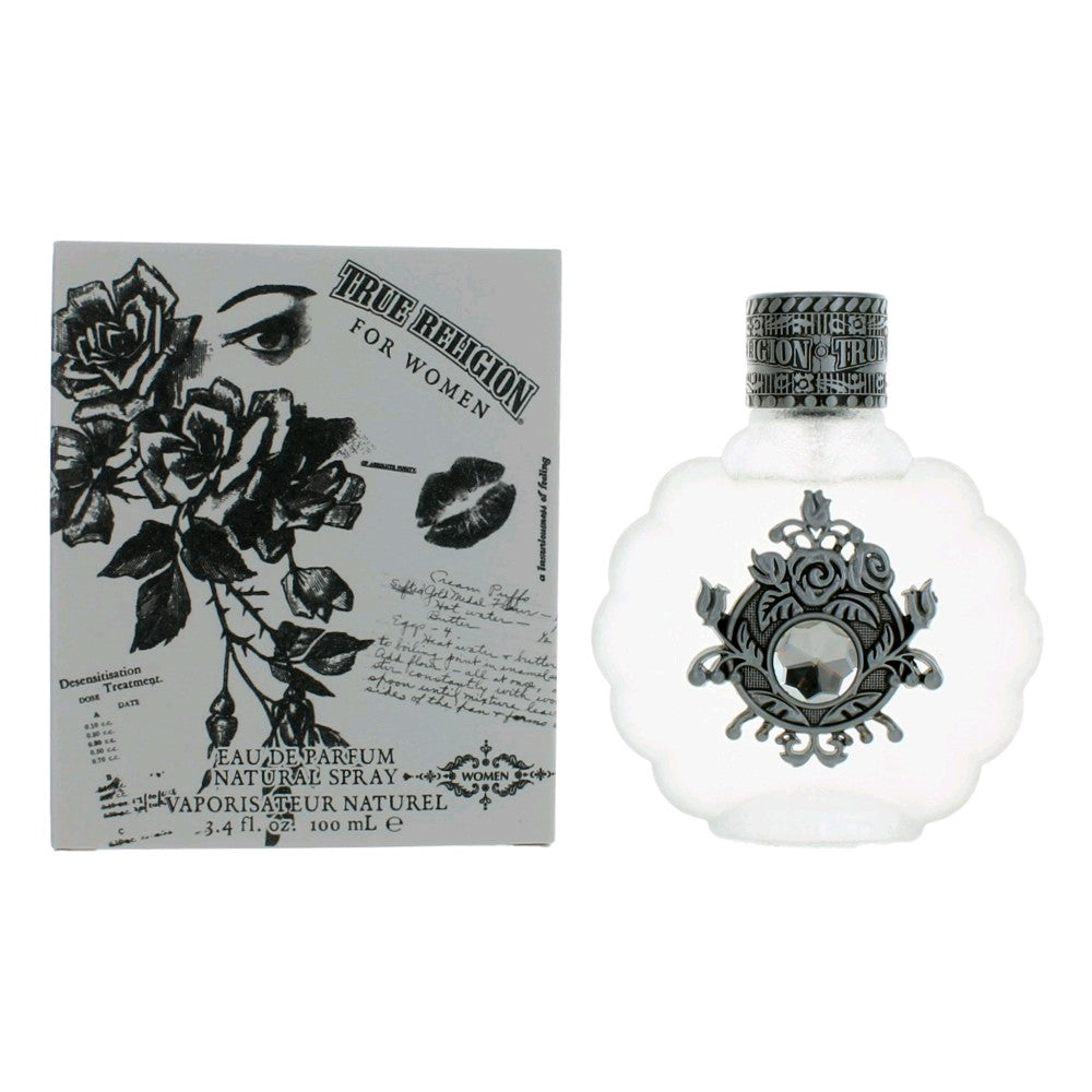 Perfume True Religion was presented in 2008 and is available as 50 and 100 ml EDP. Its flacon is made of blurry glass, with silver carved stopper and silver detail with large crystal on the central part of the flacon.

The concept of this edition is 'fragrance for all senses', perfect for daily and evening use, leaving clean and refreshing accords by traveling through this fragrant composition.

It was created of aromas which introduce clear waves of luminous and fresh fruit, adding floral harmony of bitter-sweet nuances of pear blossom, with a finish of hot wood and sensual musk fondling your skin.

Top notes include: apple, red currant, violet leaves, mandarin and bergamot. Heart: amarylis,freesia, plum. Base notes: Hinoki, amber, cedar. The nose behind this fragrance is Rodrigo Flores-Roux.