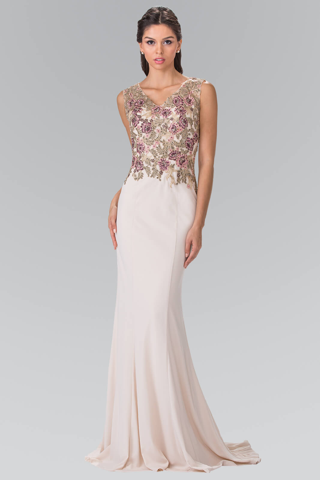 This long dress features a rome jersey material that hugs your curves and drapes down to the floor, and a sheer back. Purple and green floral embroidery adorn the bodice and continue into the back. Perfect for formal, evening party or any special occasion.<br><br><br>Fabric : Rome Jersey<br><br>Closure : Side Zipper<br><br>Length : Full Length<br><br>Sleeve Style : Sleeveless<br><br>Color : Champagne<br><br>Sizes : XS, S, M, L, XL, 2XL, 3XL<br><br>Fully Lined<br><br>Soft Cup Inserts<br><br>Occasion : Formal, Prom, Homecoming, Wedding Guest, Evening Party, Red Carpet, Pageant, Special Occasion 